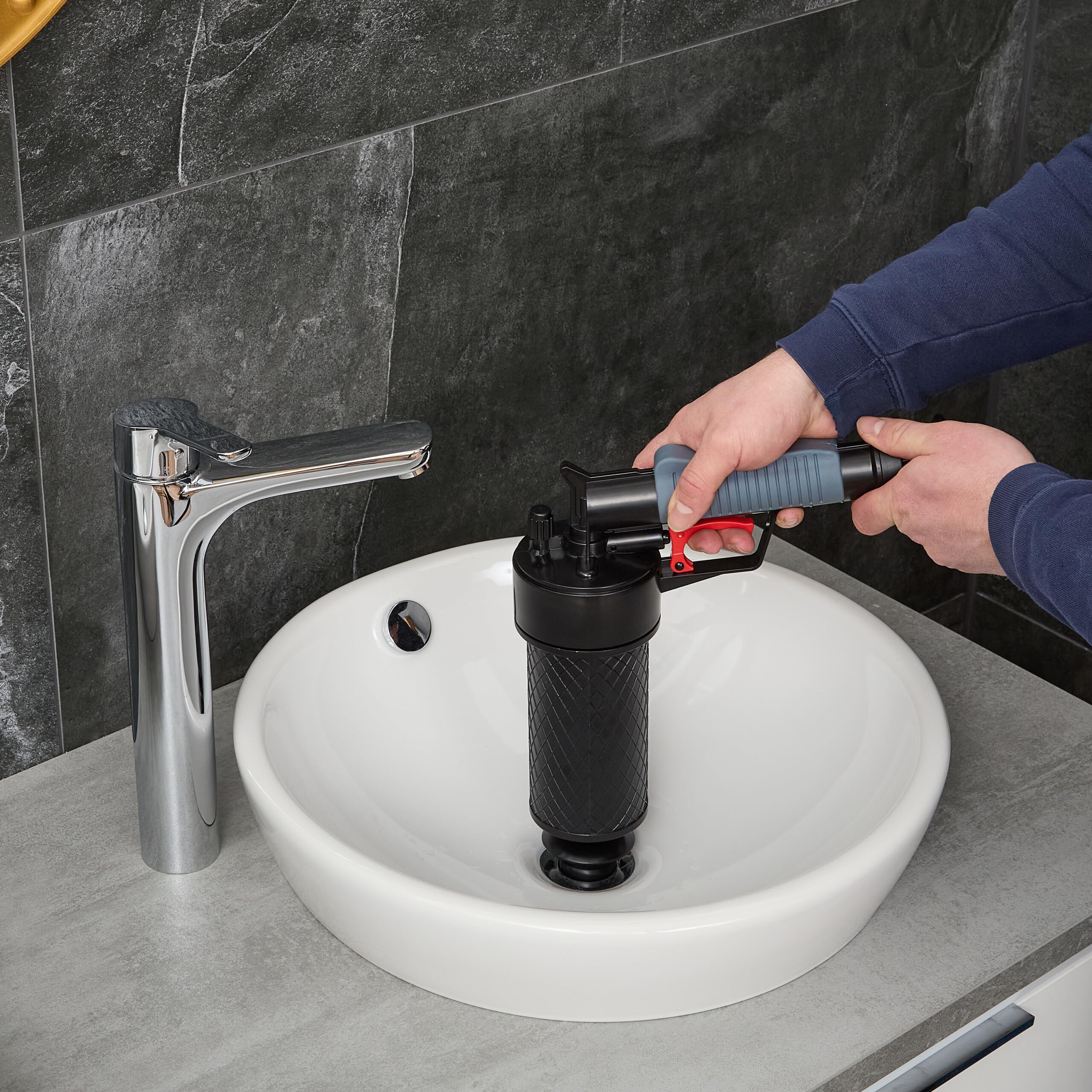 Relaxdays Pistolet déboucheur à air comprimé, 4 Embouts, pour Douche, Toilette, évier, etc., débouche canalisation, Noir