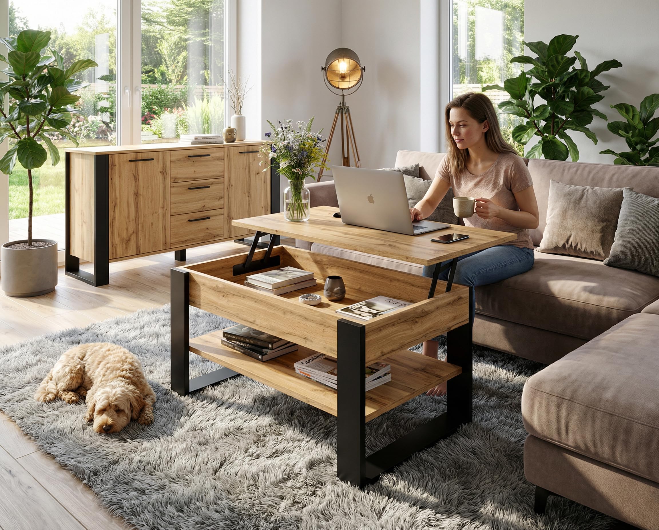 Couchtisch mit anhebbarer Platte | Höhenverstellbarer Wohnzimmertisch mit Stauraum | Sofatisch Eiche Wotan Schwarz modern mit Ablage & verstecktem Fach – Coffee Table für Wohnzimmer & Büro
