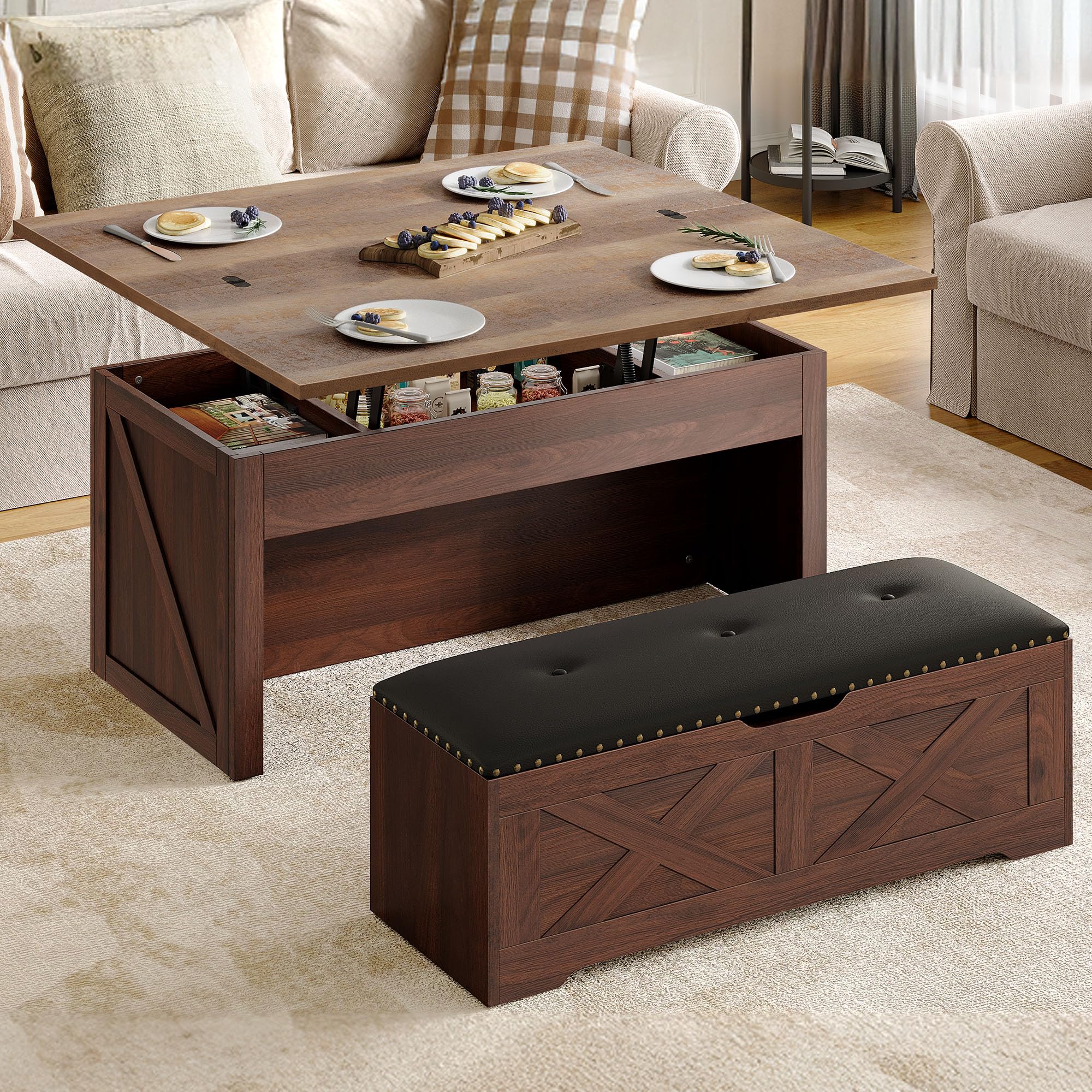 Photo 1 of **MISSING 2 OUT OF 3 BOXES** **PARTS ONLY**YITAHOME Lift Top Coffee Table Set with Storage Ottoman Bench & Wheels, 4 in 1 Convertible Dinning Center Tables with Hidden Compartment, Farmhouse Coffee Tables for Living Room Furniture, Walnut