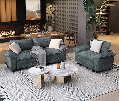 Miniatura 13 de Juego de sofá y sofá cama, asiento modular de chenilla extragrande y sofá de 3 plazas con almohadas, juego de muebles de sofá seccional moderno de