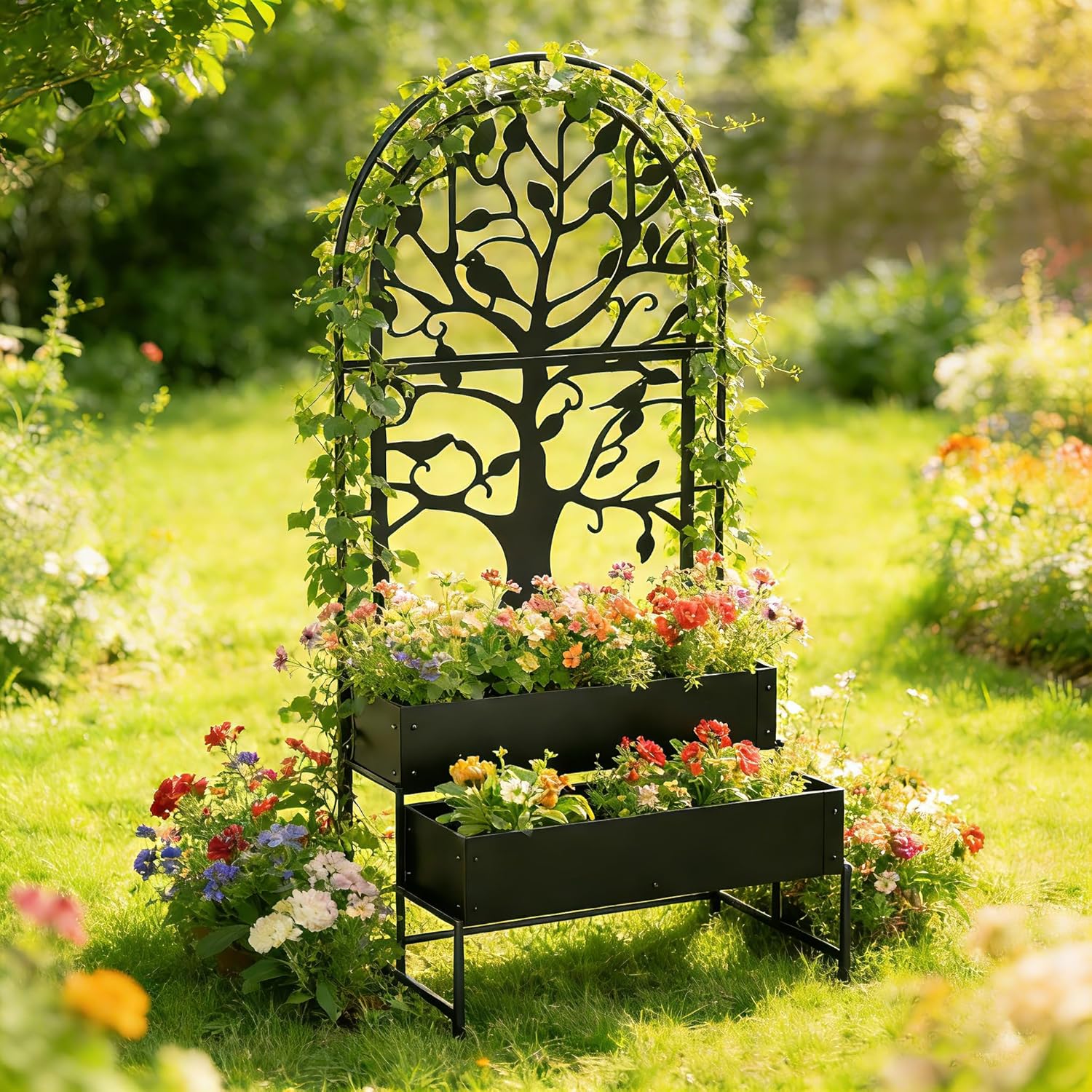 Arched Outdoor Planter Box with Trellis for Climbing Plants, 2 Tiers Metal Privacy Planters for Patio, Tall Raised Garden Bed with Legs, for Vegetables, Fruits, Balcony, 75.2 x 22 x 34.6 Inch, Black