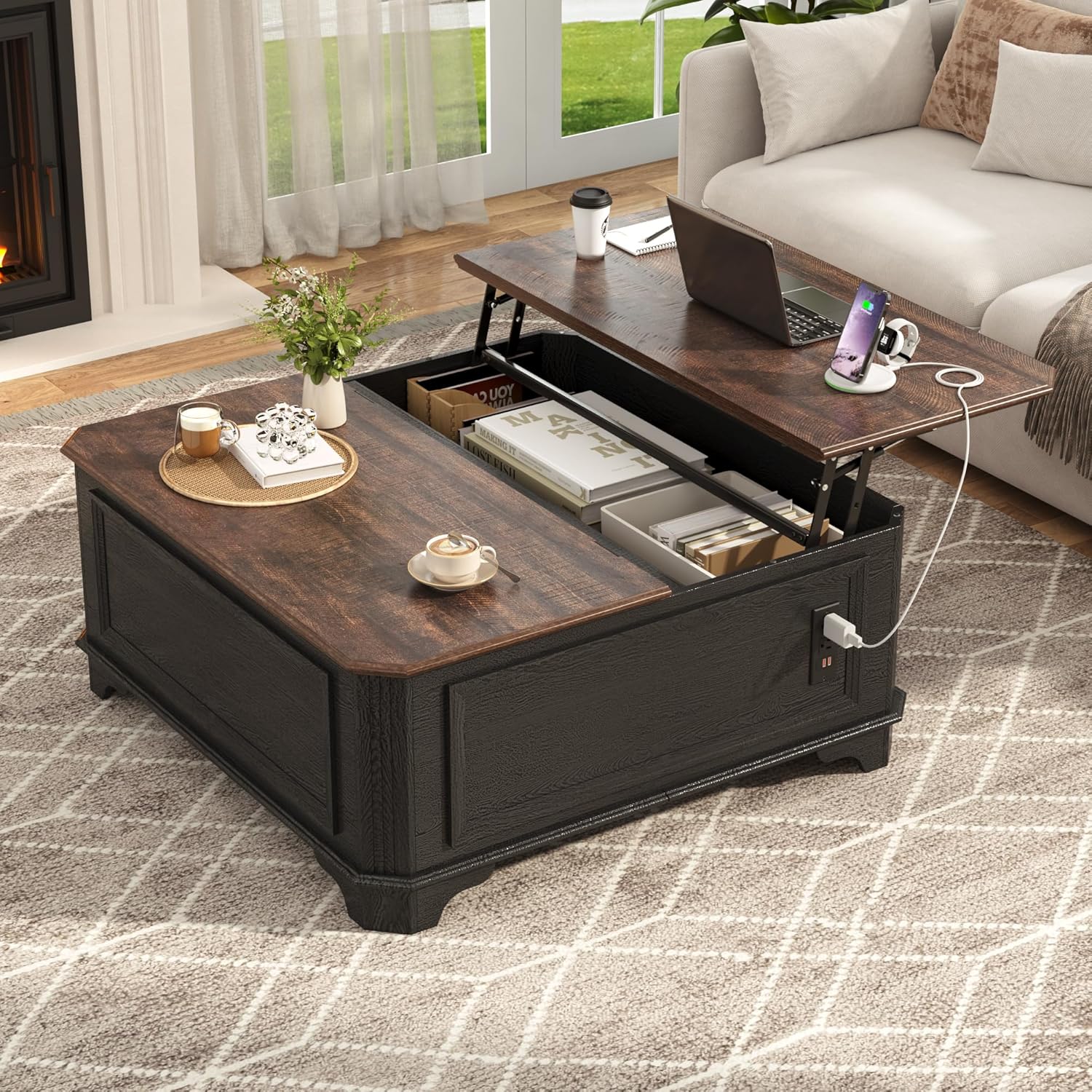 40 Inch Farmhouse Lift Top Coffee Table with Charging Station & Hidden Storage - Square Center Table with Adjustable Lifting Top, Large Storage Cabinet for Living Room, Bedroom, Home Office, Black