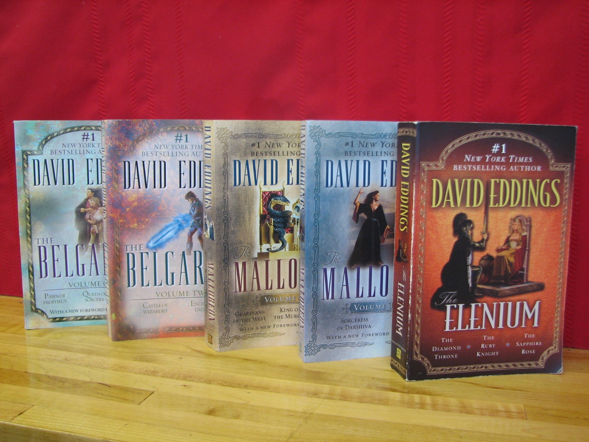 David Eddings Collection, 3 Complete Series in 5 Volumes Set: The Belgariad Series; The Malloreon Series; The Elenium Series. All 5 Volumes are Omnibus (compiled) Editions (The Belgariad: Volume 1: Pawn of Prophecy; Queen of Sorcery; Magician's Gambit/ The Belgariad: Volume 2: Castle of Wizardry; Enchanters' End Game/ The Elenium: The Diamond Throne; The Ruby Knight; The Sapphire Rose/, The Malloreon: Volume One: Guardians of the West; King of the Murgos; Demon Lord of Karanda/ The Malloreon: Volume Two: Sorceress of Darshiva; The Seeress of Kell)