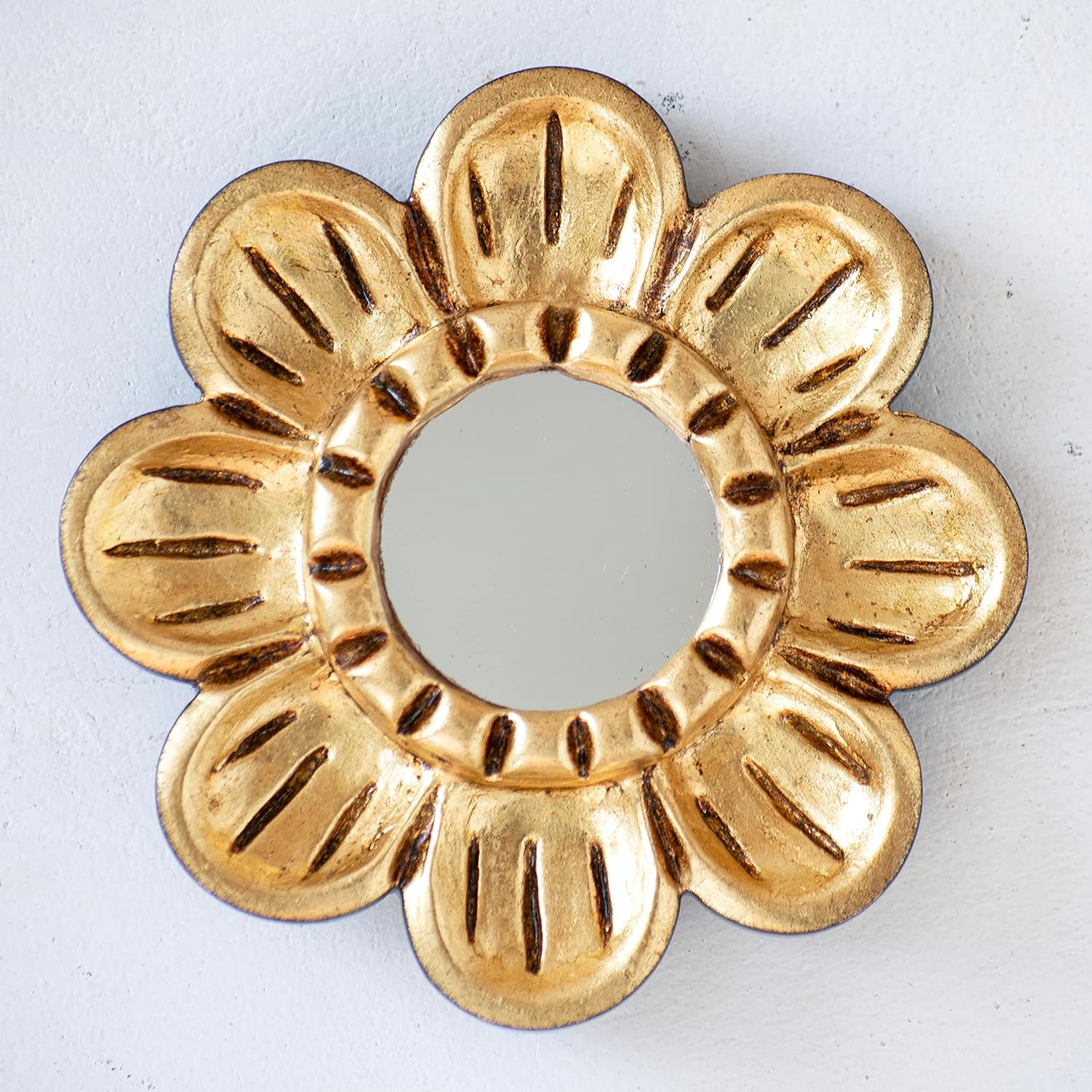 Peruvian Gilded Bronze Leaf Round Mirror 6”- Luxury Hand-Carved Wood Flower Wall Art - Small Space Art