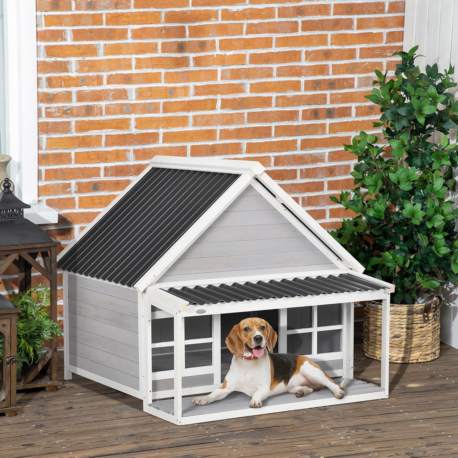 PawHut Wooden Dog House with Porch, Dog House Outdoor with Tilt Roof, Front Door, Windows for Medium Large Sized Dog