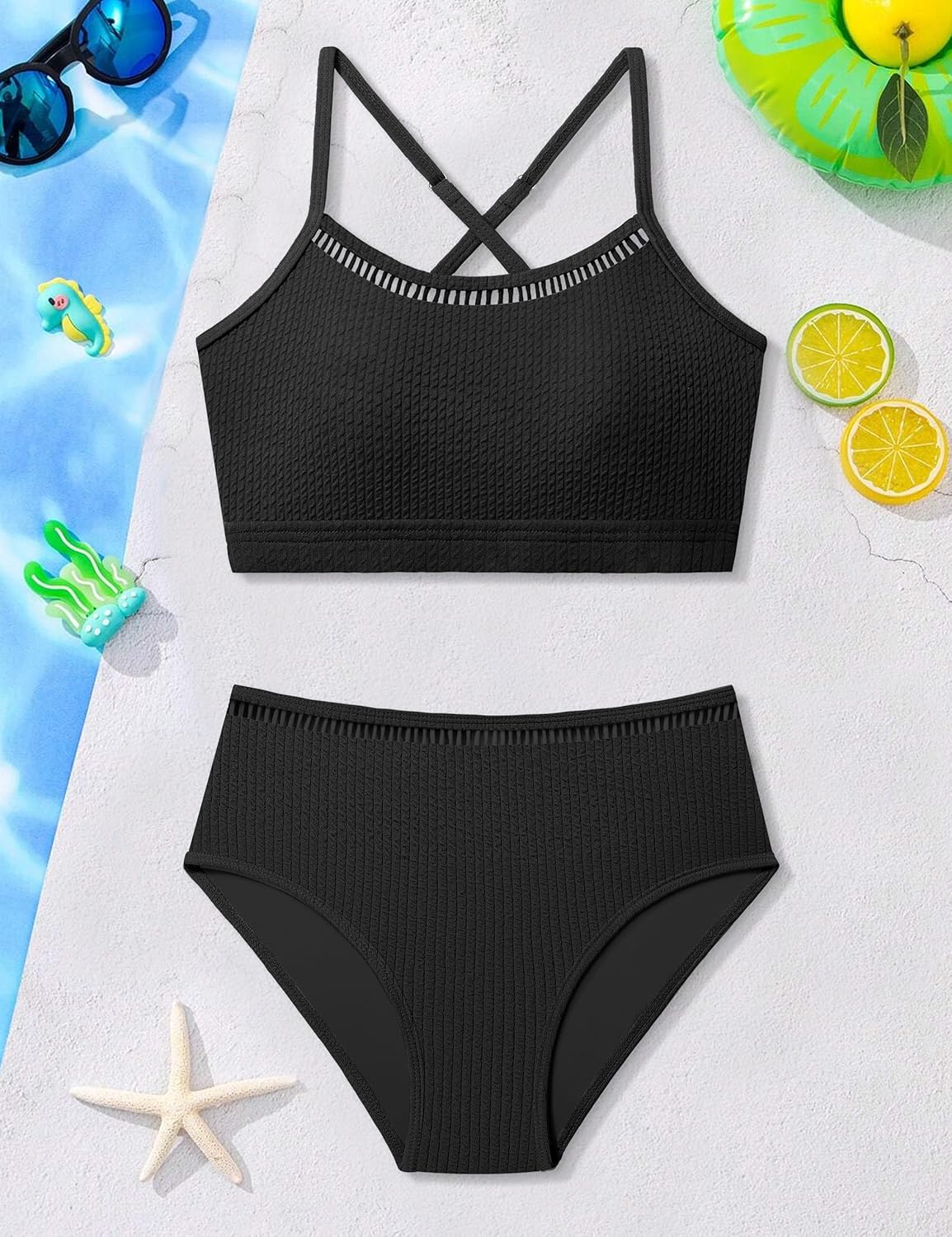 Girls Swimsuit Two Piece Cross Back Bikini Cutout Bathing Suit for Girls Adjustable Straps Swimwear 9-16Y