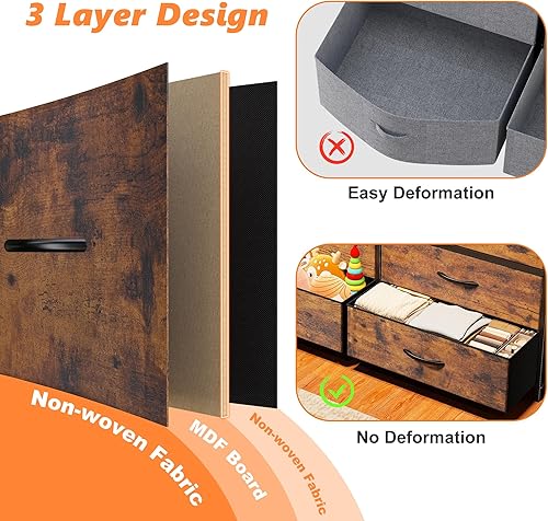 Miniatura 8 de Cómoda de 55 pulgadas de ancho para dormitorio con 10 cajones de tela, cómoda larga con luces LED y tomas de corriente, cómodas anchas y cajoneras,