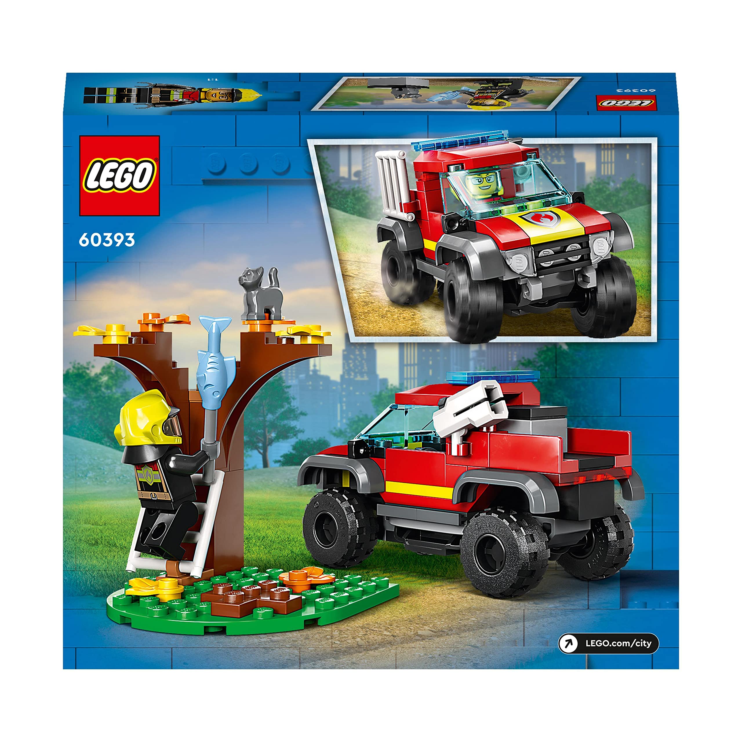 LEGO City Fire Soccorso sul Fuoristrada dei Pompieri, Camion Giocattolo dei Vigili del Fuoco 4x4 Lancia-Elementi d'Acqua, Giochi per Bambini e Bambine 60393