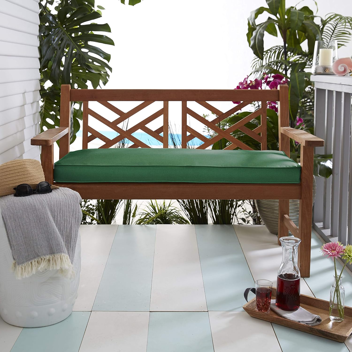 Mozaic Sorra Home Sunbrella Corded Bench Cushion - Fade & Water Resistant, Outdoor & Indoor Long Patio Furniture Cushion with Plush Foam - Canvas Forest Green (48" x 17" x 2")