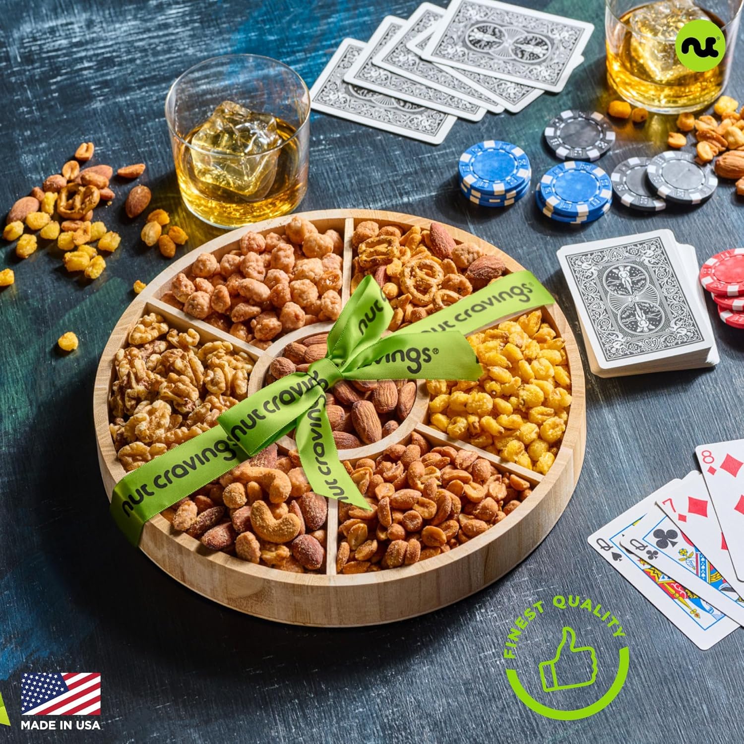 NUT CRAVINGS - Purim Mishloach Manot Mixed Nuts Gift Basket in Reusable Round Wooden Tray + Green Ribbon (7 Assortments) Ramadan Gifts Treats for Adults, Healthy Snack Care Package Kosher - Image 5