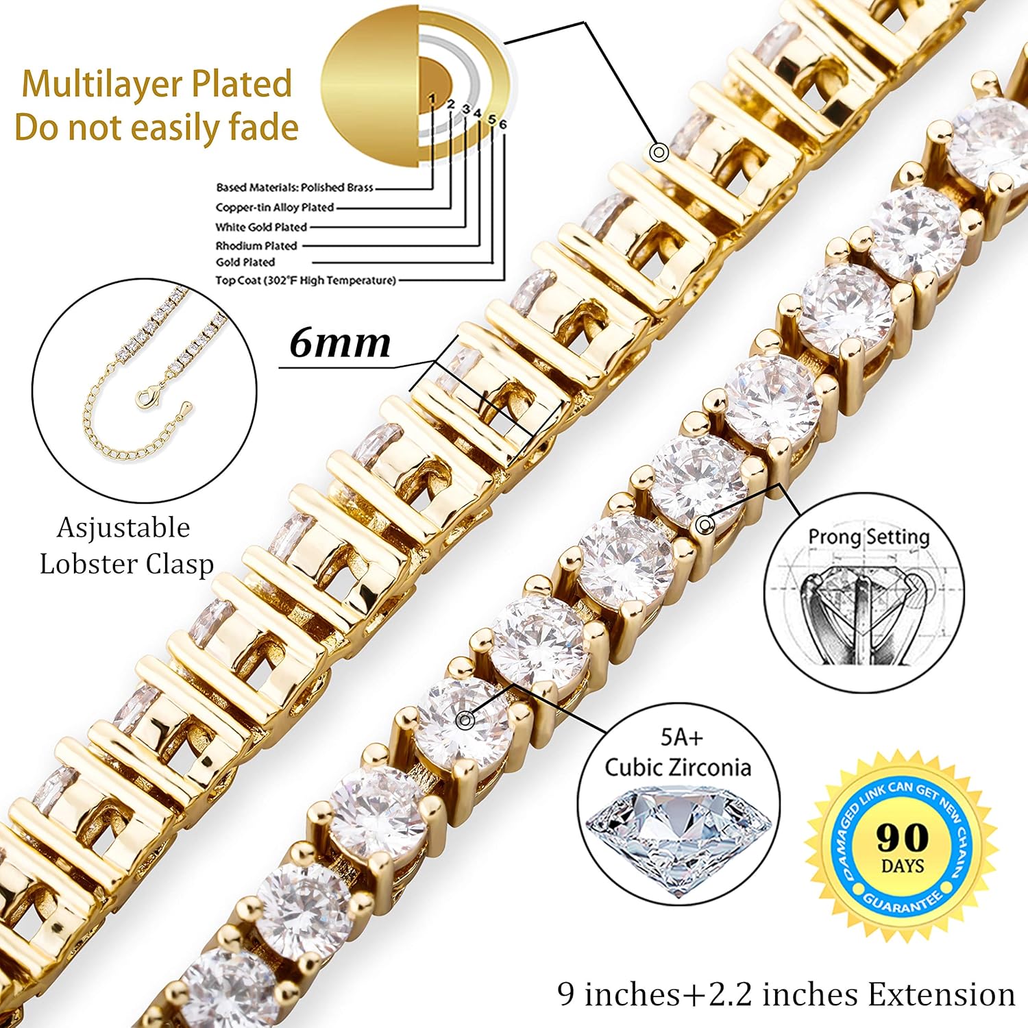 TOPGRILLZ Tennis Ankle Bracelet Gold Anklet Adjustable with Extension 14K Gold Plated Iced out Diamond 3-6mm Fashion Stylish Foot Jewelry for Women - Image 2