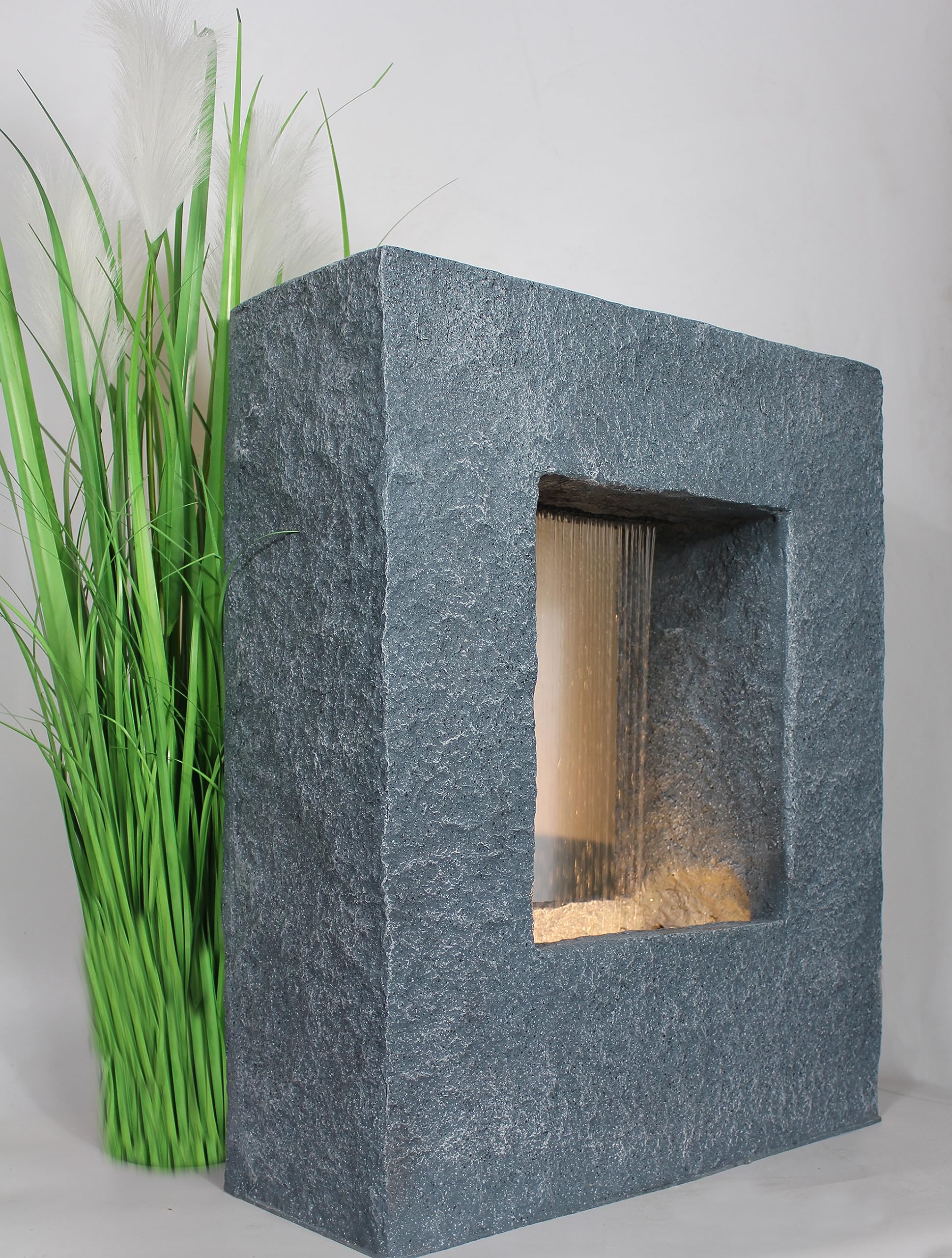 Fuente de jardín con iluminación LED 65x53 cm, fuente de habitación, fuente de piedra, cascada de agua, rectangular, blanco cálido, fuente de jardín, decoración de jardín