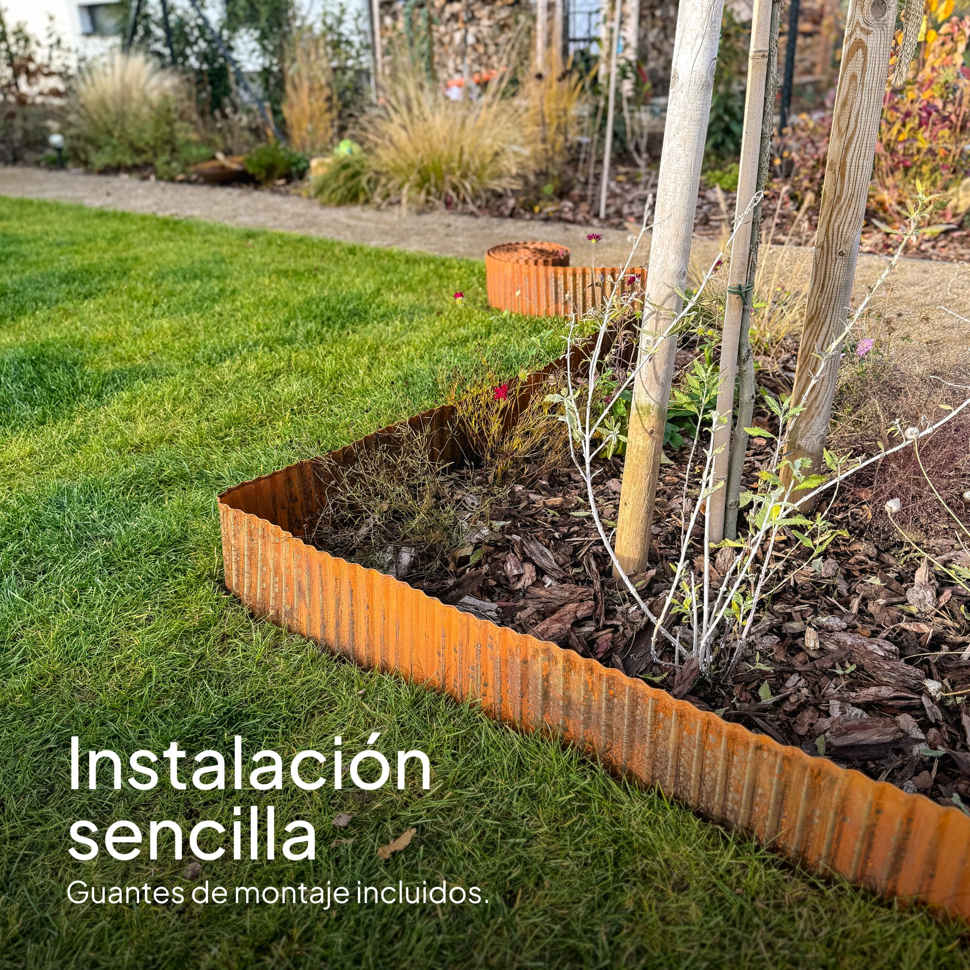 UNIGARDIA Bordura Acero Corten de 6 m - Borduras Jardín Metálicas de 15 cm de Altura – Fácil de Instalar - Separador Jardín Exterior Ondulado con Pátina Natural de Óxido - Incluye 1 Par de Guantes