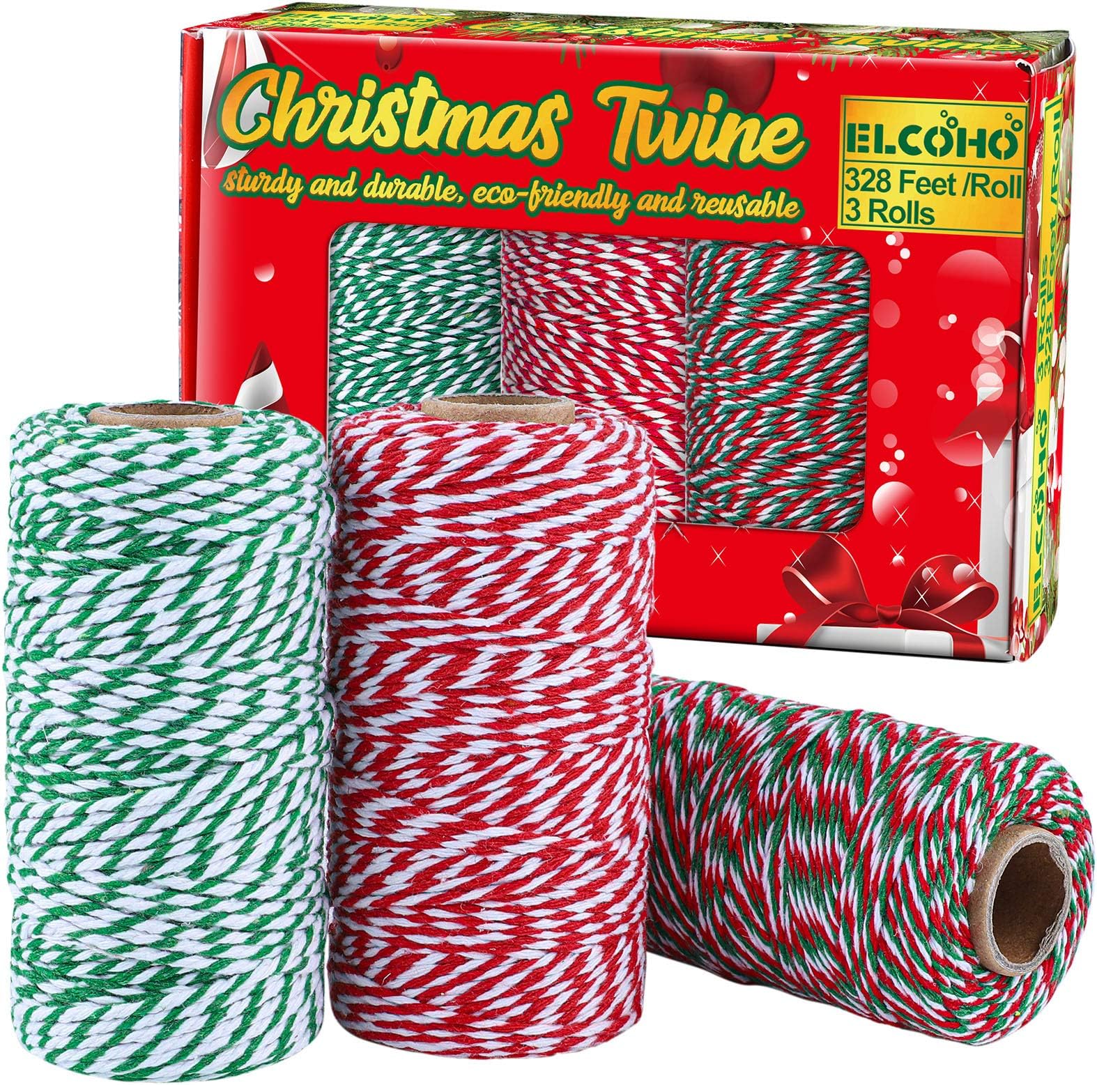 Elcoho 984 Feet Christmas Gift Twine Cotton String Natural Jute Rope Baker Twine for DIY Arts Crafts Gift Wrapping, 3 Rolls