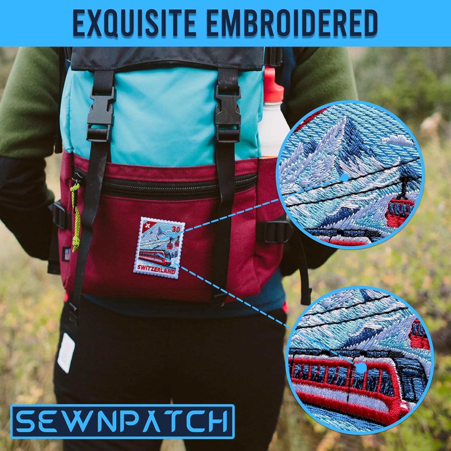 Switzerland Train Mountain Patch for Backpacks Hats Jeans Bags, Size 3" Iron On or Sew On Patches, Europe Embroidery Patches Appliques for Clothes, Stamp Vintage Patch for Travel Lovers