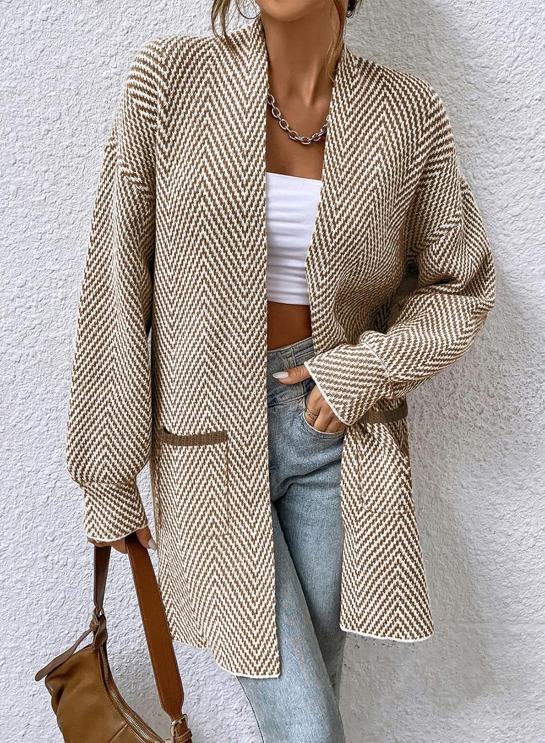 Sidefeel Womens 2025 Fall Outfits Long Sleeve Open Front Striped Cardigan Sweaters Chevron Chunky Knit Sweaters Coat - Image 2