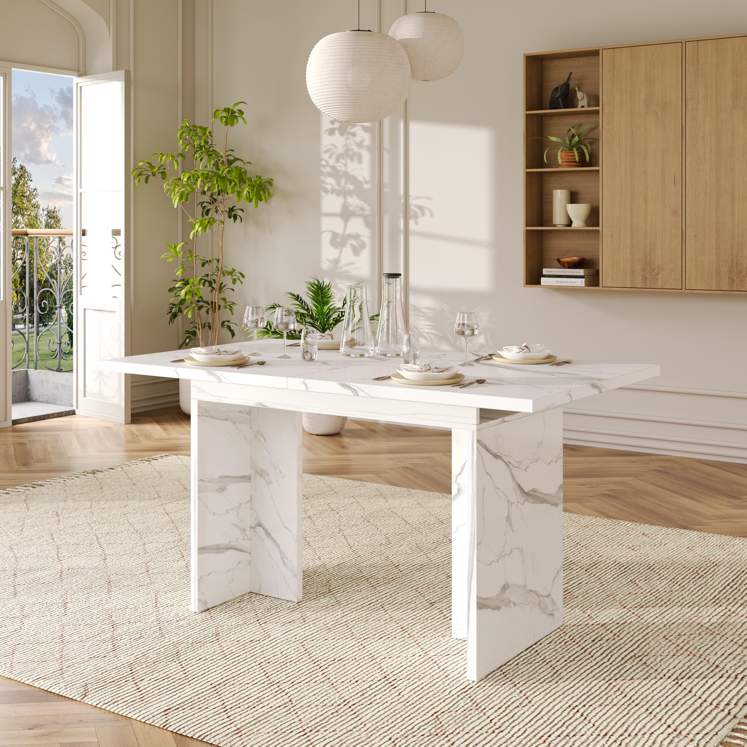 Rozsuwany stół do jadalni 140-180 x 80 cm dla 6-8 osób, wygląd białego marmuru, stół kuchenny z płytą MDF o grubości 30 mm, stabilny stół rodzinny do jadalni i kuchni