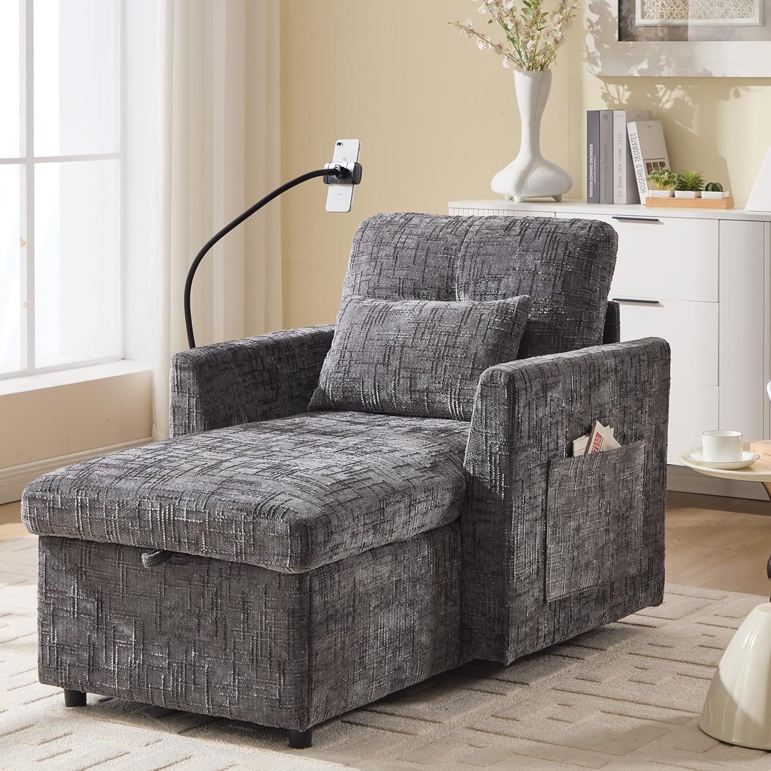 Multifunctional Chaise Lounge Chair Indoor with Storage, Comfy Chenille Upholstered Lazy Sleeper Sofa with Phone Holder and Side Pockets for Living Room, Gray