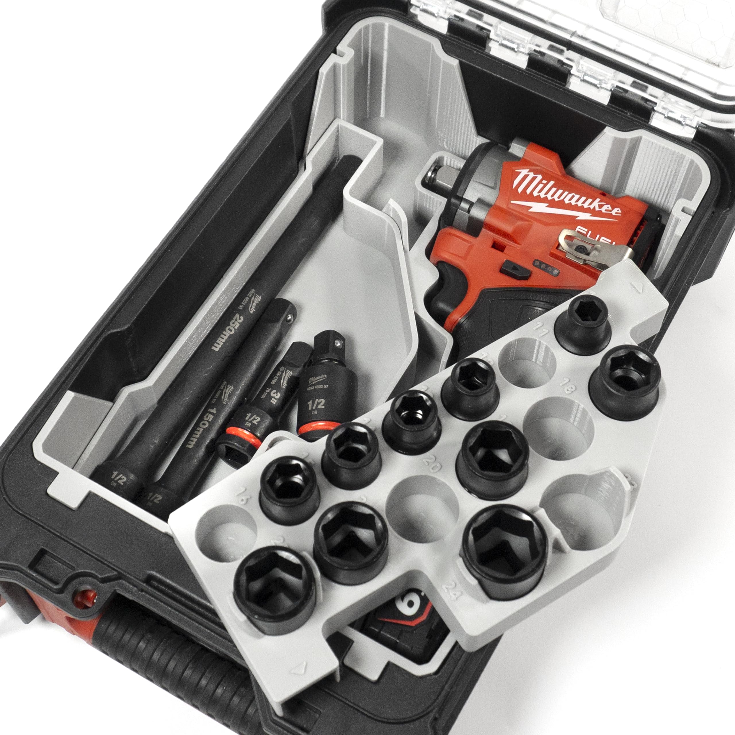 Taca na wkładkę kompatybilna z Milwaukee M12 1.3 cm Compact Stubby Impact Driver FCIWF12G3, 2563-20, gniazda metryczne 10-24 mm i organizer PACKOUT (szara, płytka taca i organizer)