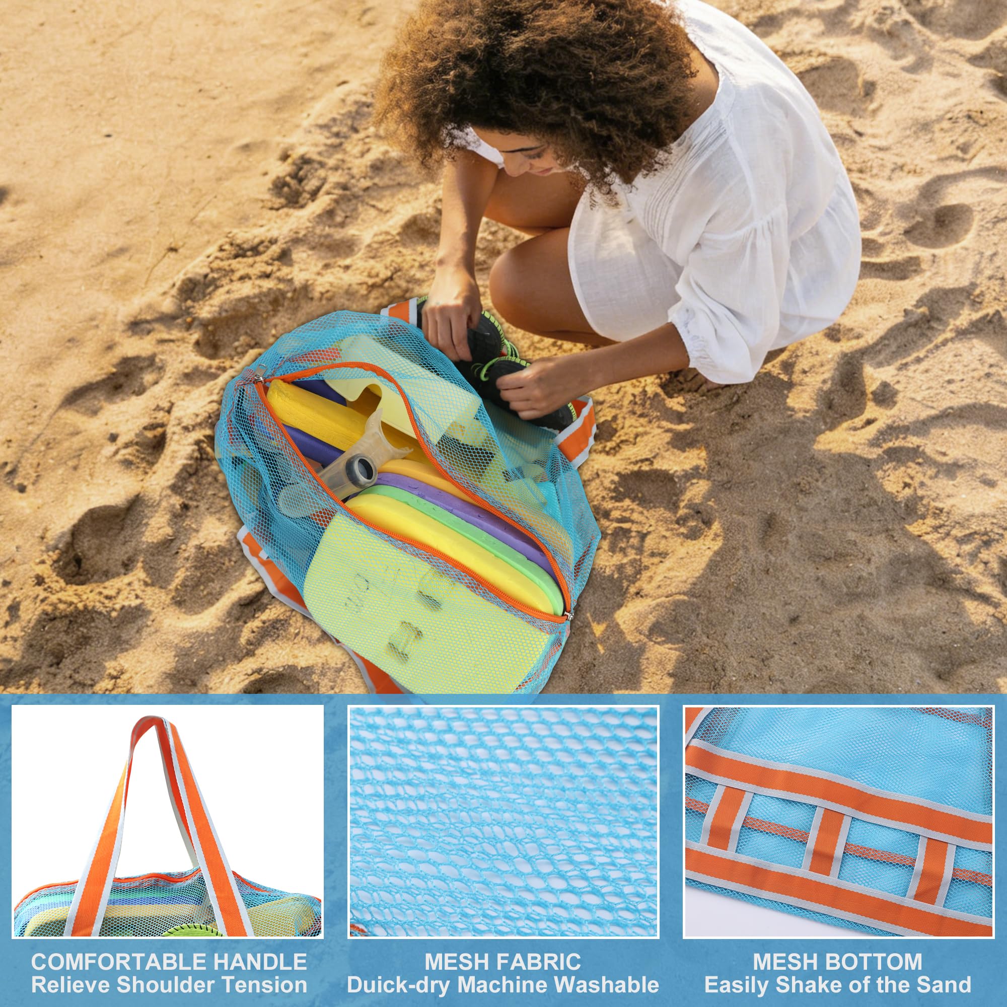 Leberna Bolsa de playa de malla grande, bolsa plegable familiar para juguetes y artículos esenciales de vacaciones