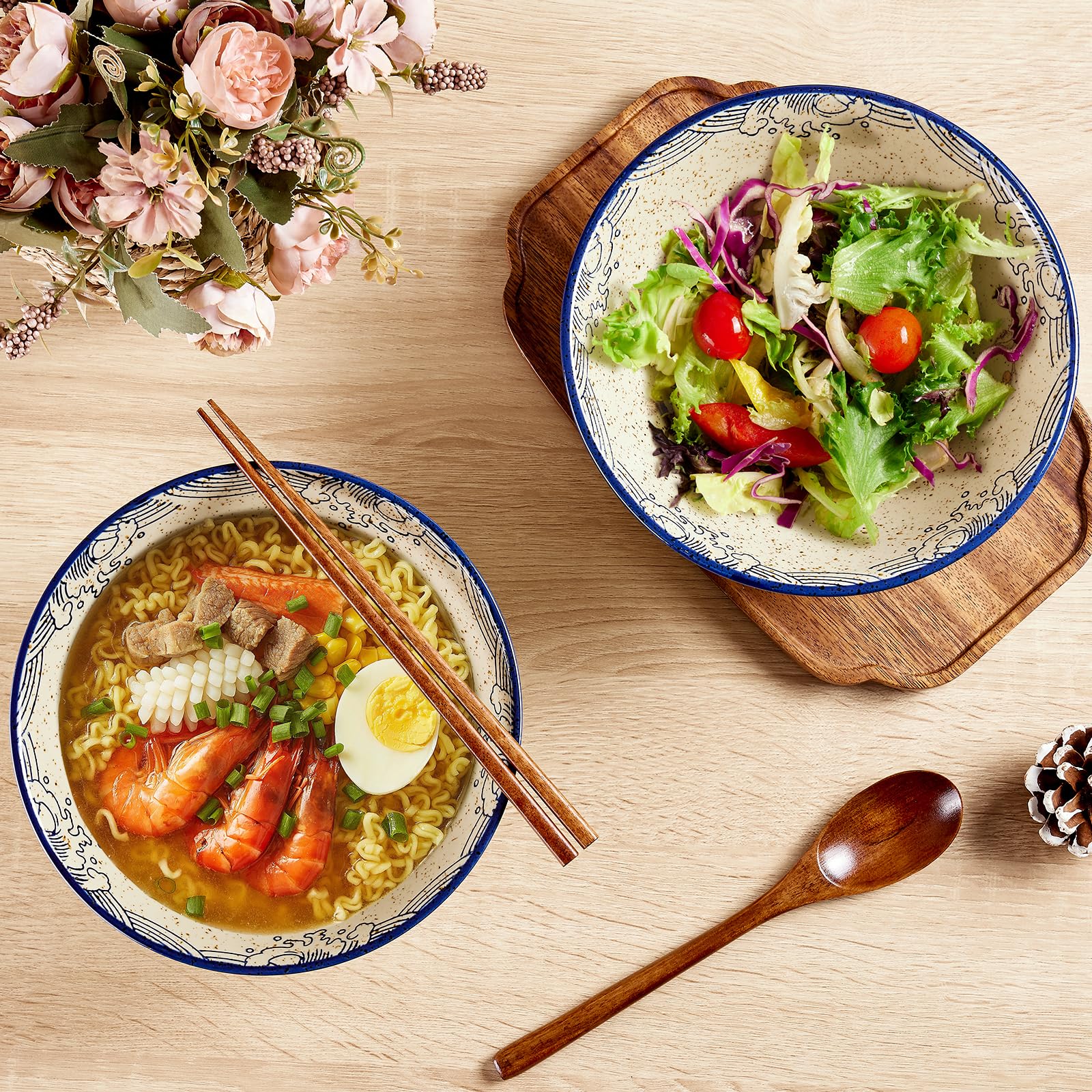 2 cuencos de cerámica para ramen de 40 onzas, cuenco grande de sopa de fideos japoneses de 8 pulgadas, palillos y cucharas a juego, adecuados para Pho, fideos asiáticos Udon (juego de 2