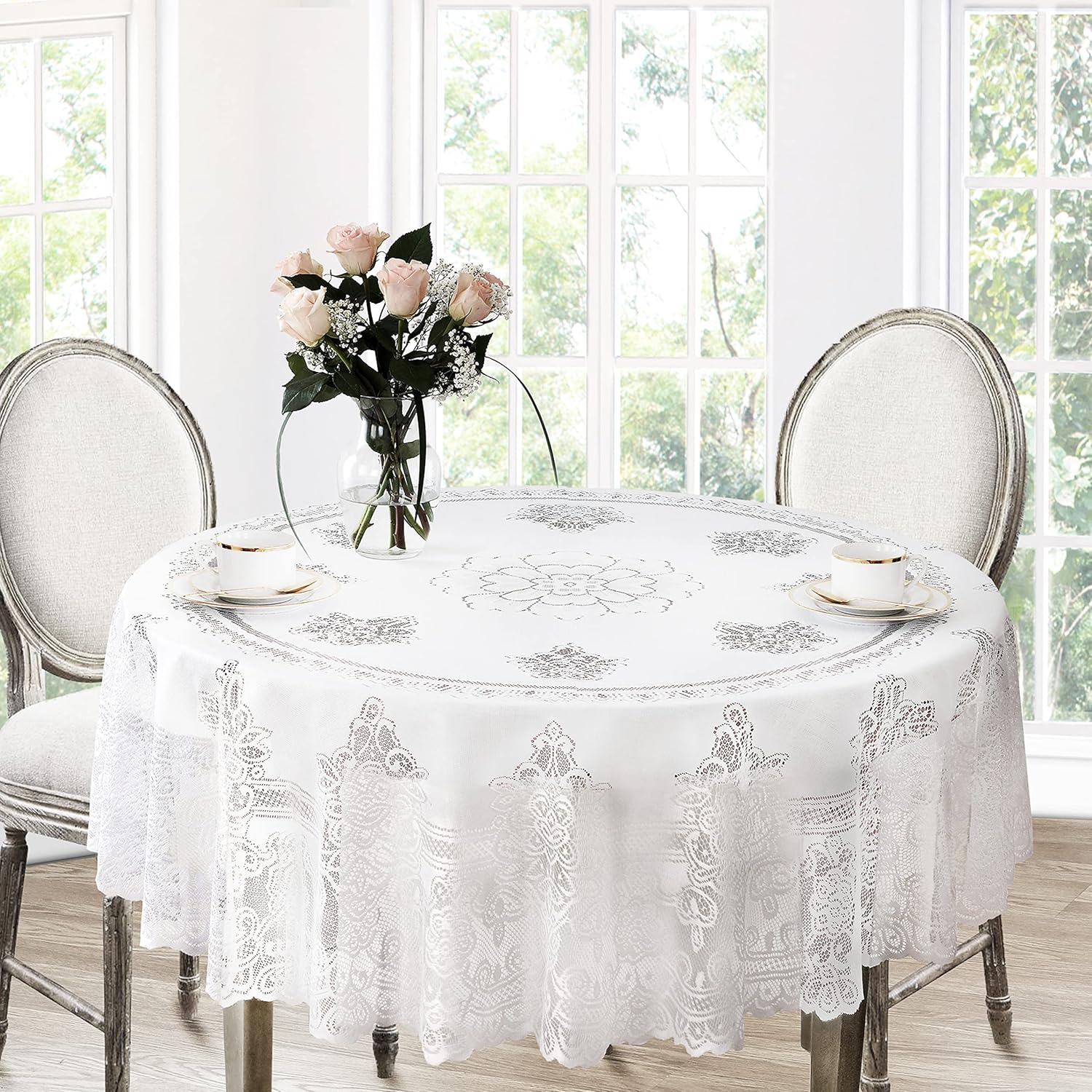 Newbridge Spring Allison Rectangle Lace Tablecloth, 60 x 144 Inch, Heirloom Scalloped Polyester Lace Table Cloth, White