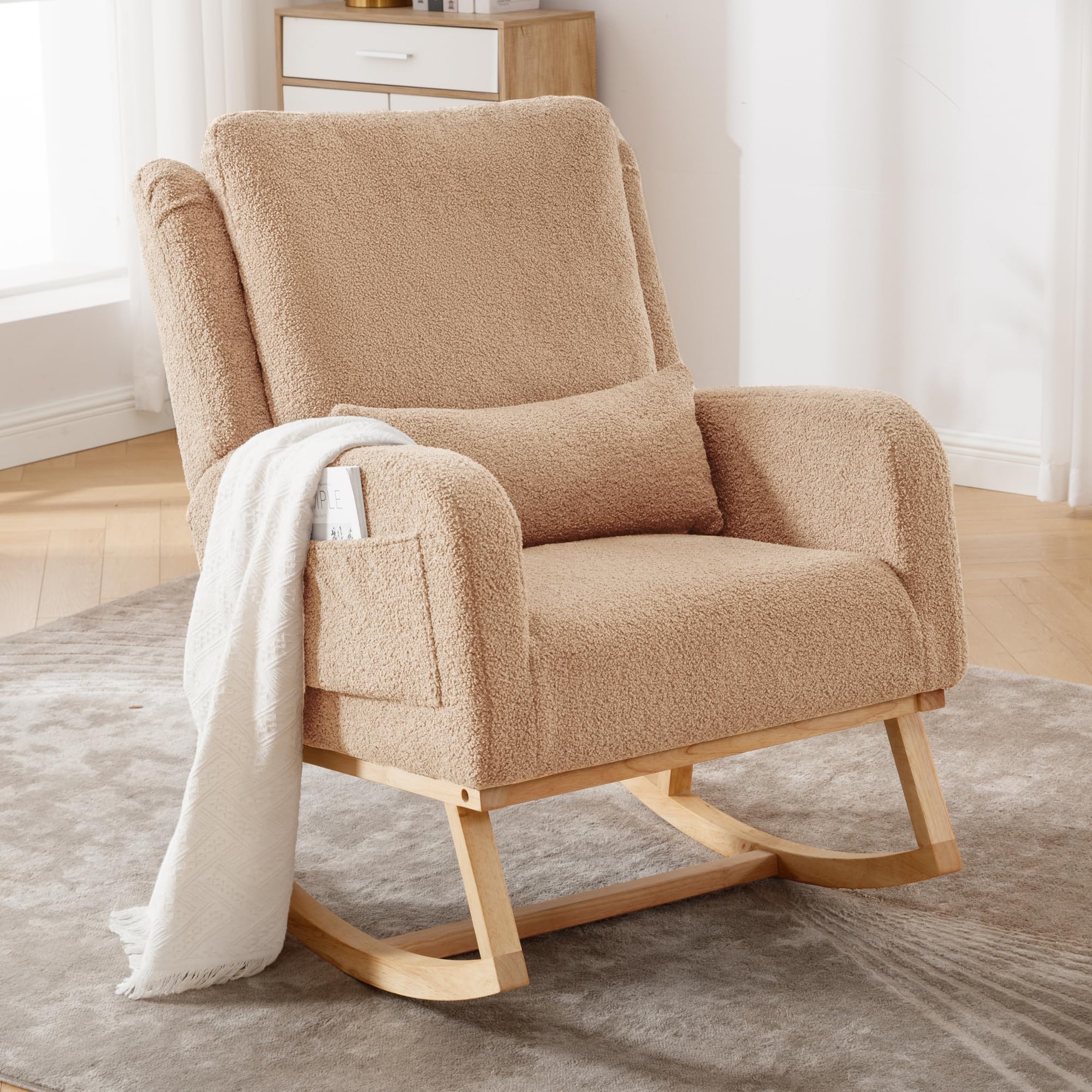 YUUIJOAA Rocking Chair, Rocking Chair with armrests, Rnursery Chair comfortable for children's room, living room, bedroom, loadable up to 136KG (KHAKI)