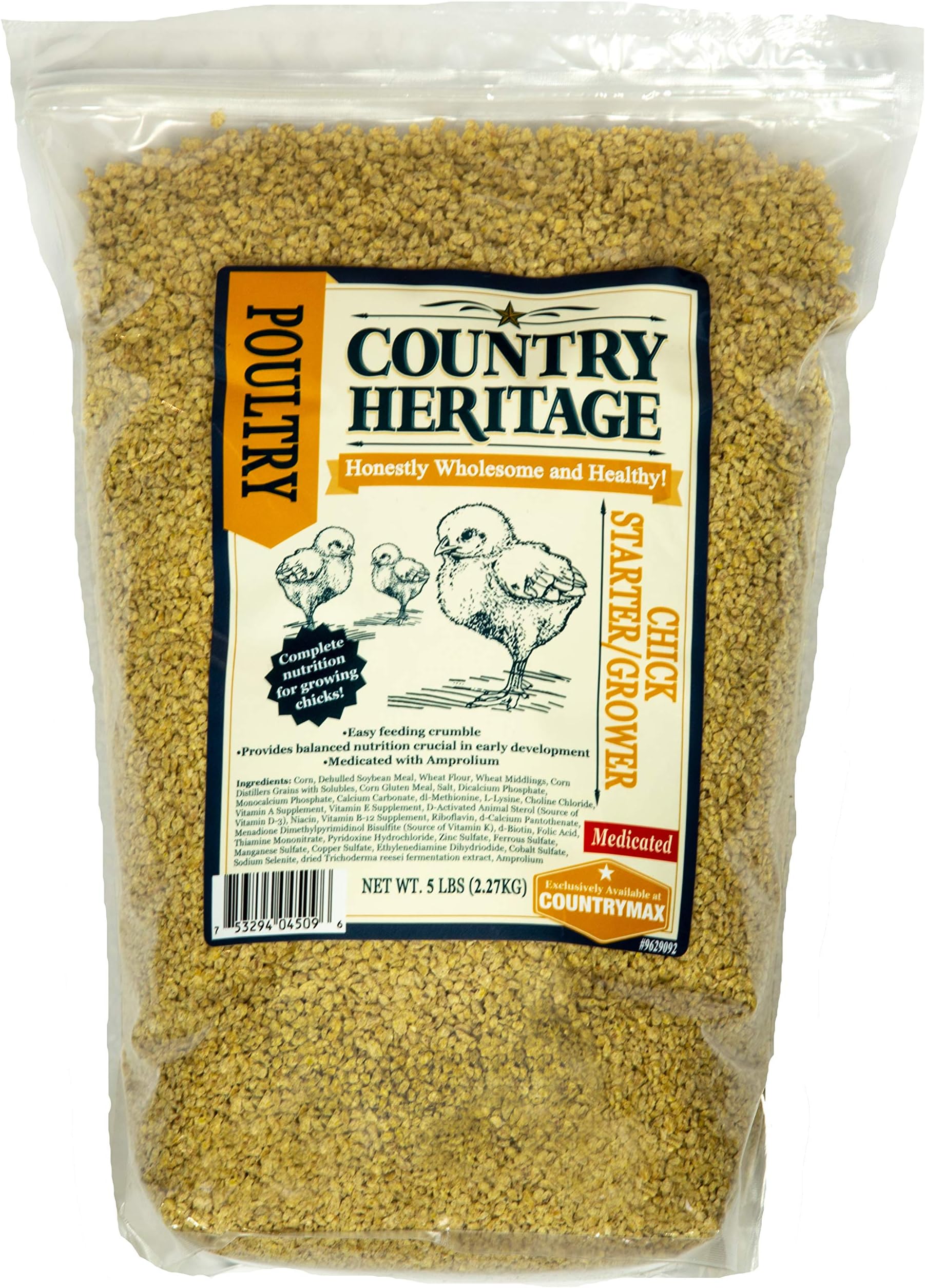 Country Heritage Medicated Chick Starter Grower Feed 5lbs - Complete Nutrition Crumble for Baby Chicks 0-16 Weeks, 18% Protein