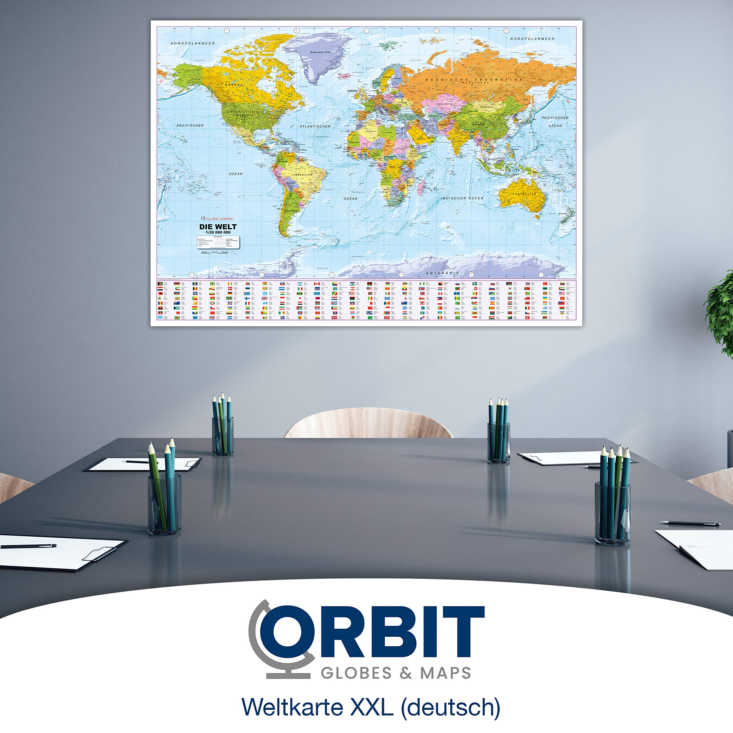 ORBIT Globes & Maps - Weltkarte XXL - Top-Aktuell 2026, deutsch, 136 x 96 cm, Maßstab 1:30 Mio mit seidenmattem Schutzlack inkl. Flaggenleiste
