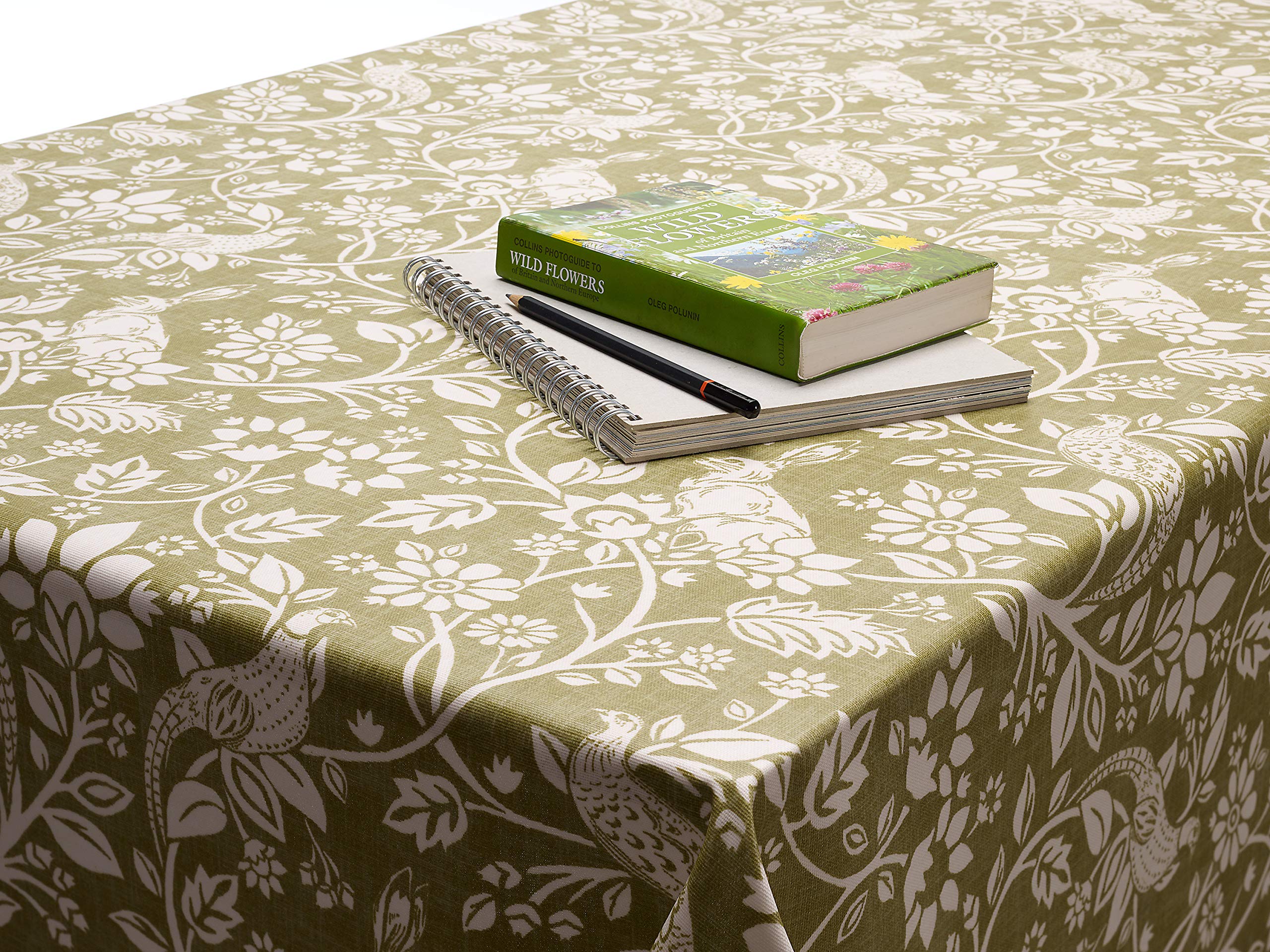 Wipe Clean Tablecloth PVC Oilcloth Cotton Backed - Sage Green Pheasants and Hares Matt Finish Oilcloth Table cover- Rectangle, Square, Round - 132cm Wide (132cm x 250cm)