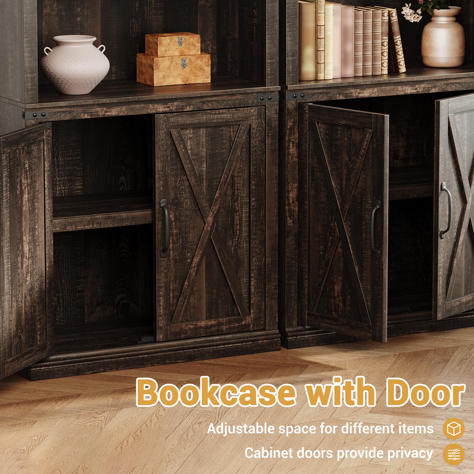 Bücherregal Mit 2 Türen, Standregal Mit 5 Ebenen, Industriestil Bücherschrank, Vitrinenschrank Aufbewahrungsregal Für Arbeitszimmer, Büro, Wohnzimmer, Schlafzimmer, Dunkle Eiche
