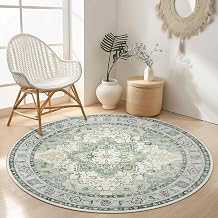 GENIMO Round Rug 120cm Boho Sage Washable Non-Slip Vintage Carpet Area Mat | Circle Mat in Sage Green with Detailed Eastern Motif Anti-skid Base, Machine Cleanable, Ideal for Reading Nook or Lounge