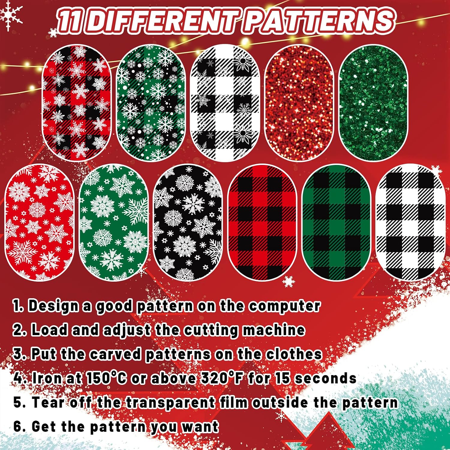 AnyDesign 11 Sheet Christmas Heat Transfer Vinyl Glitter HTV Iron on Vinyl Snowflake Plaid Pattern Adhesive Craft Vinyl for Christmas Holiday DIY Fabric Silhouette Hat Bag Craft Supplies, 9.6 x 11.8
