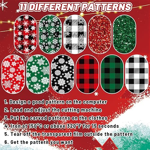 Miniatura 3 de AnyDesign 11 hojas de vinilo de transferencia de calor de Navidad con purpurina HTV para planchar en vinilo con patrón de copo de nieve a cuadros,