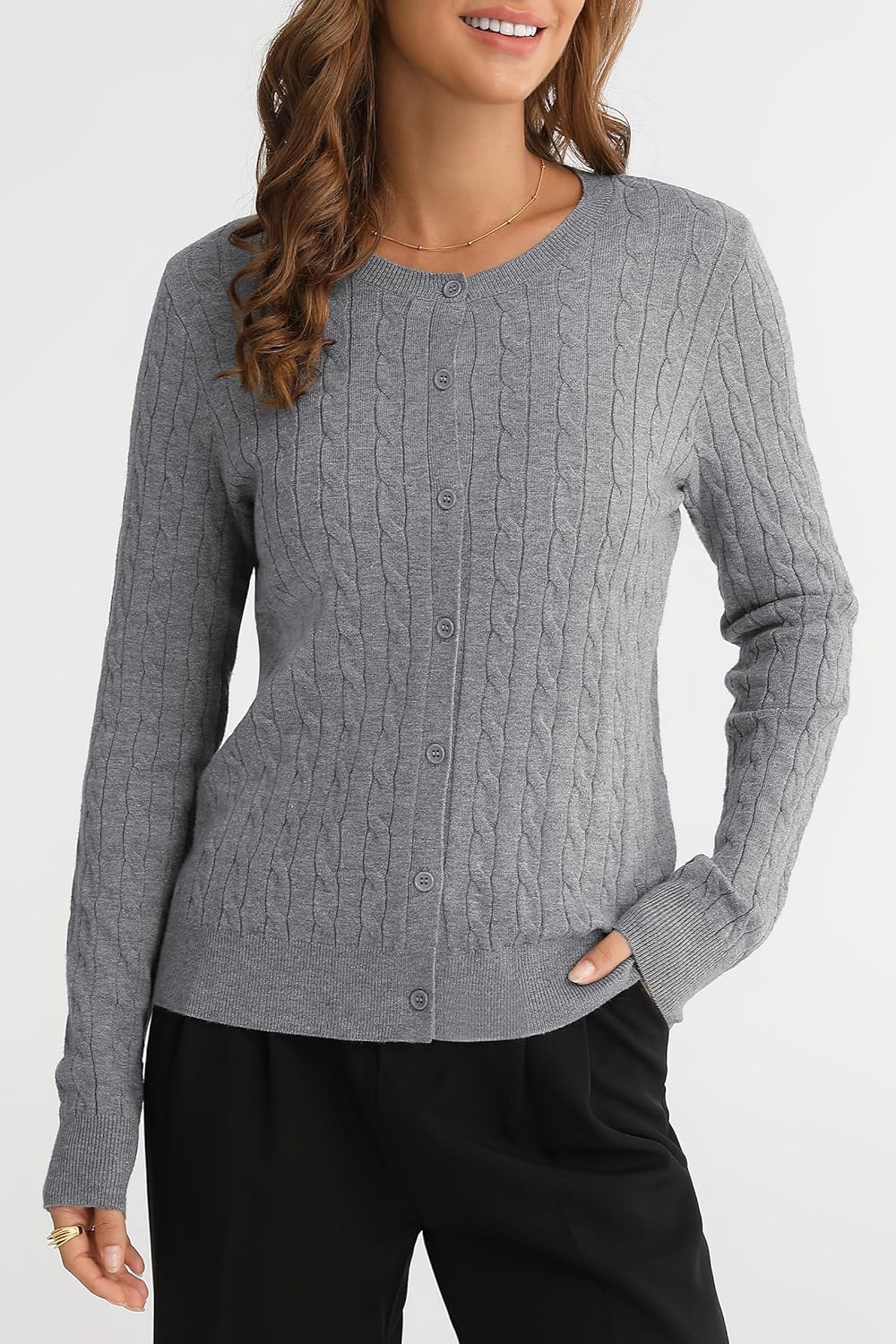 QUALFORT Womens Cable Knit Cardigan Sweaters Long Sleeve Lightweight Crewneck Button Up Sweater 2026 - Image 4