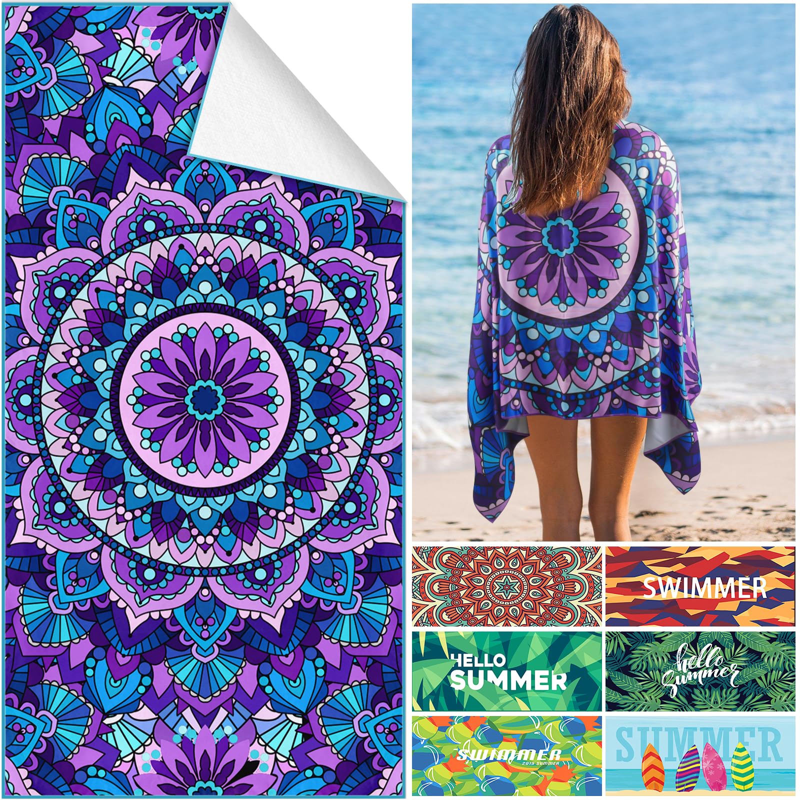 Euakee Toalla de Playa de Microfibra, XXL Toalla de Baño, 180 x 90 cm Ultraligera y de Secado rápido Toalla de Viaje, Toalla de Viaje Portátil para Fitness, Yoga, Sauna (EE02)