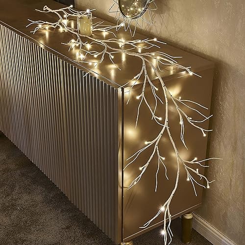 Miniatura 1 de Birchlitland Guirnalda de luces de abedul de 6 pies, 48 LED, funciona con pilas, ramita iluminada con temporizador para decoración de chimenea de