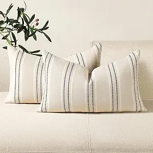 Hckot Throw Pillow Covers 12x20 Set of 2 Striped Pillow Covers Textured Linen Decorative Pillows Lumbar Cushion Covers for Sofa Couch Bed Living Room Farmhouse Decor, Navy
