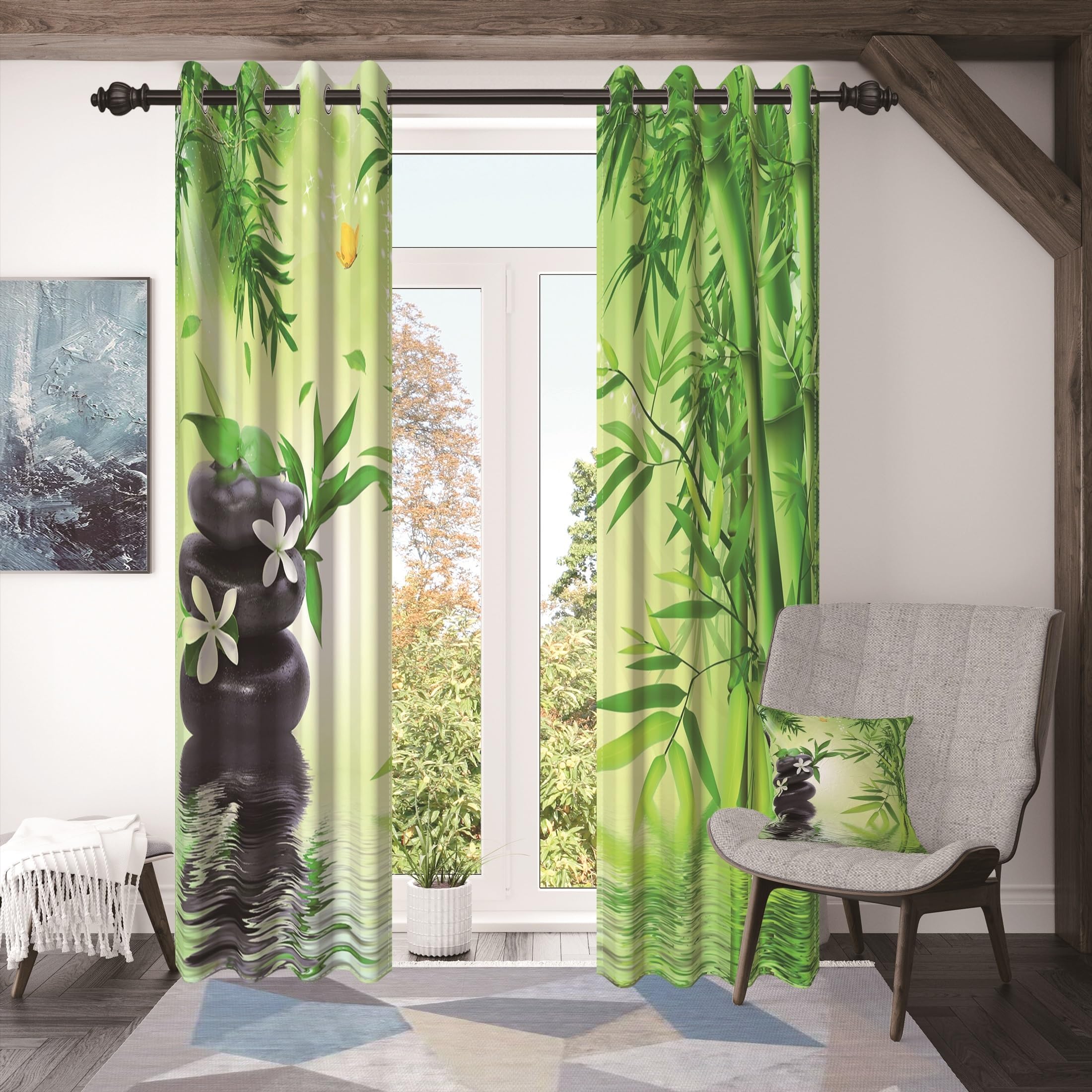 117x183cm SPA Yoga Cortina con Ojales Bambú Verde Primavera Clara Guijarros Flores Meditación Relajante Zen Biombos térmicos Opacos Cortinas para Ventanas Dormitorio Sala de Estar,2 Panel