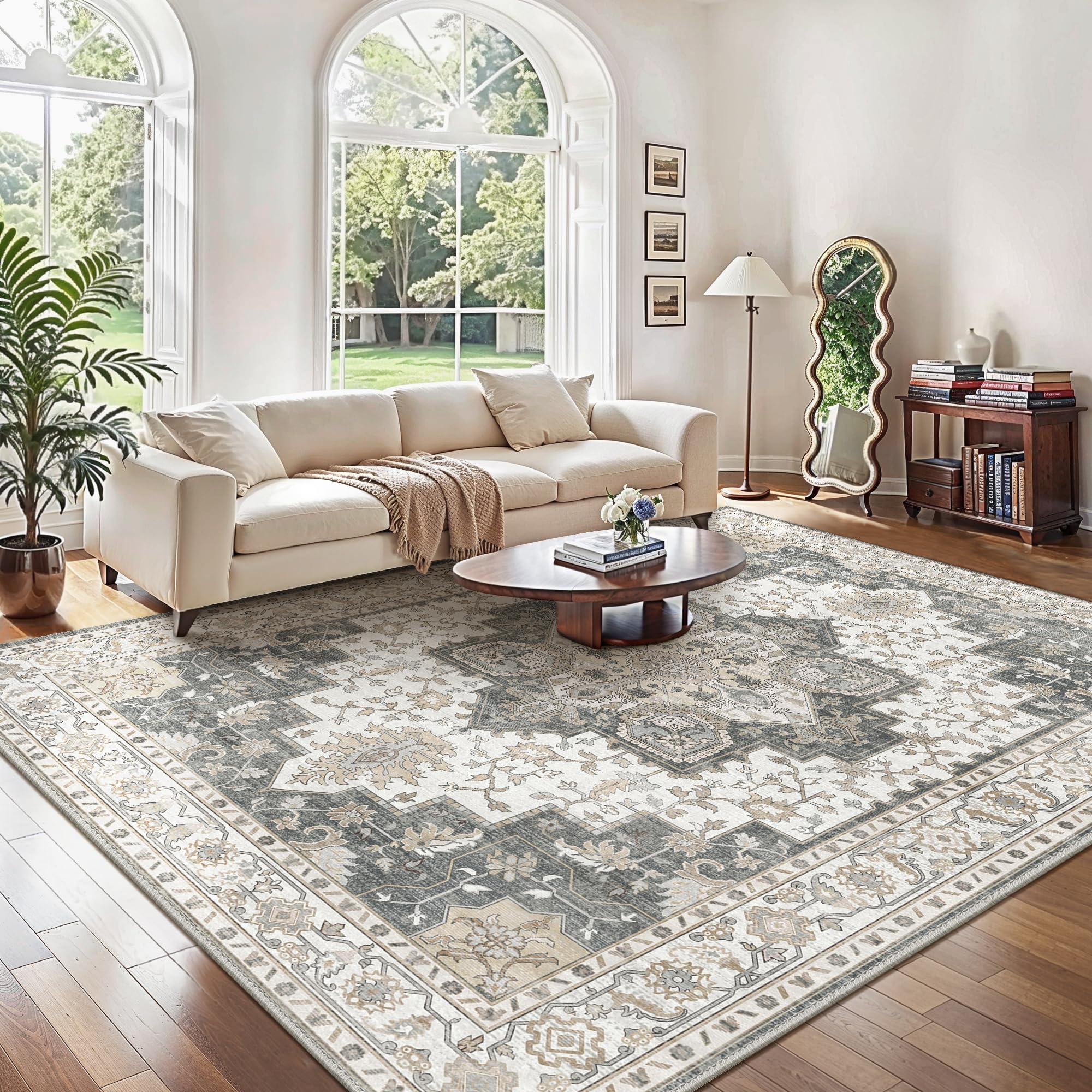 GENIMO Large Rugs for Living Room 200x290cm, Extra Large Area Rug Washable, Vintage Boho Big Rugs, Low Pile, Non-Shedding, XXL Carpet, Dining Room, Home, Office, Bedroom, Retro White Khaki — image 1