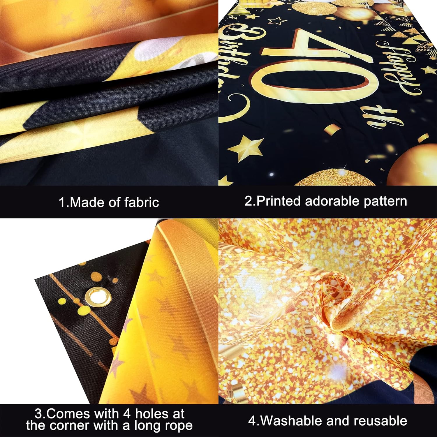KatchOn, XtraLarge Black & Gold 40th Birthday Banner - 72x44 Inch | Happy 40th Birthday Backdrop for Happy Birthday Decorations | Black and Gold Party Decorations - Image 4