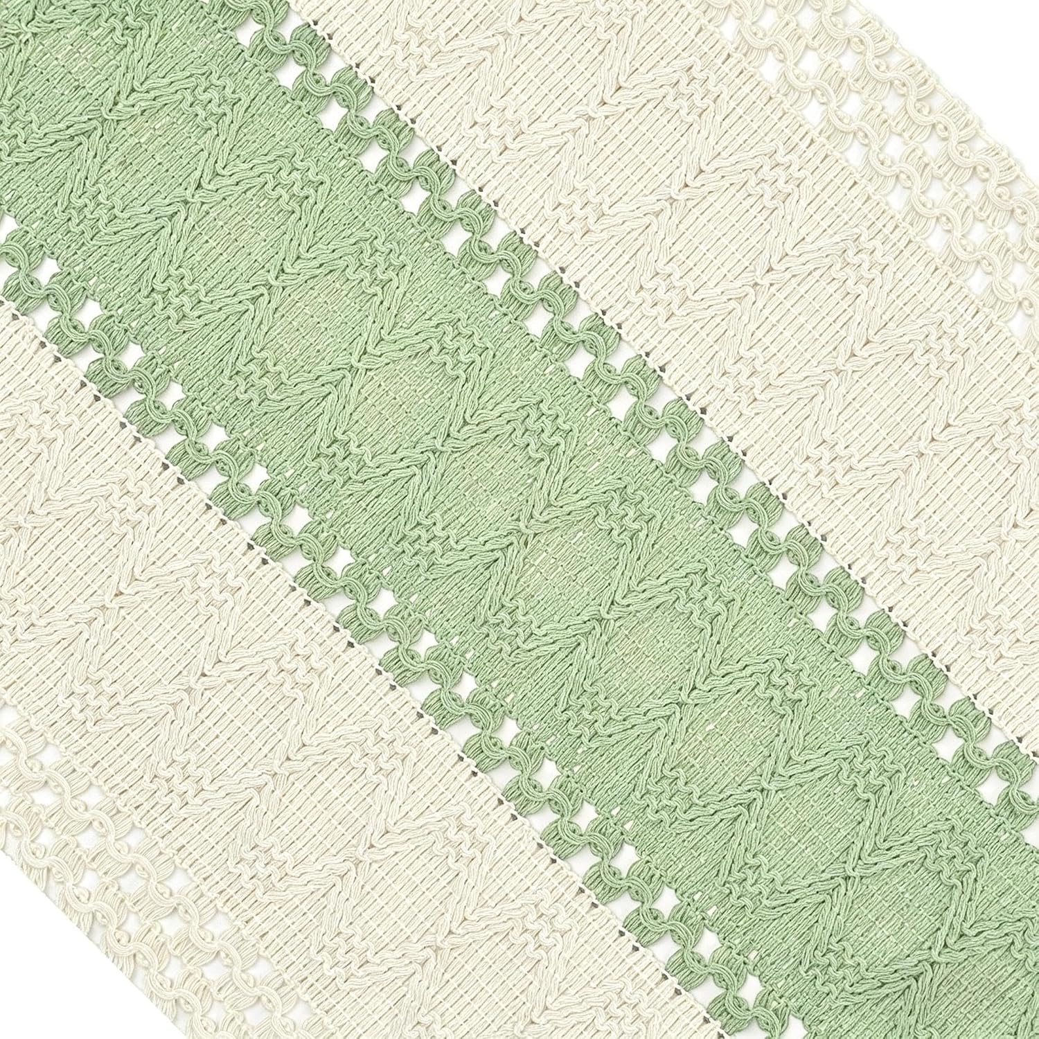 Boho Table Runner for Home Decor with Tassels 72 Inches Long , Farmhouse Rustic Green Table Runners for Bohemian Kitchen Dining Table(12x72in)