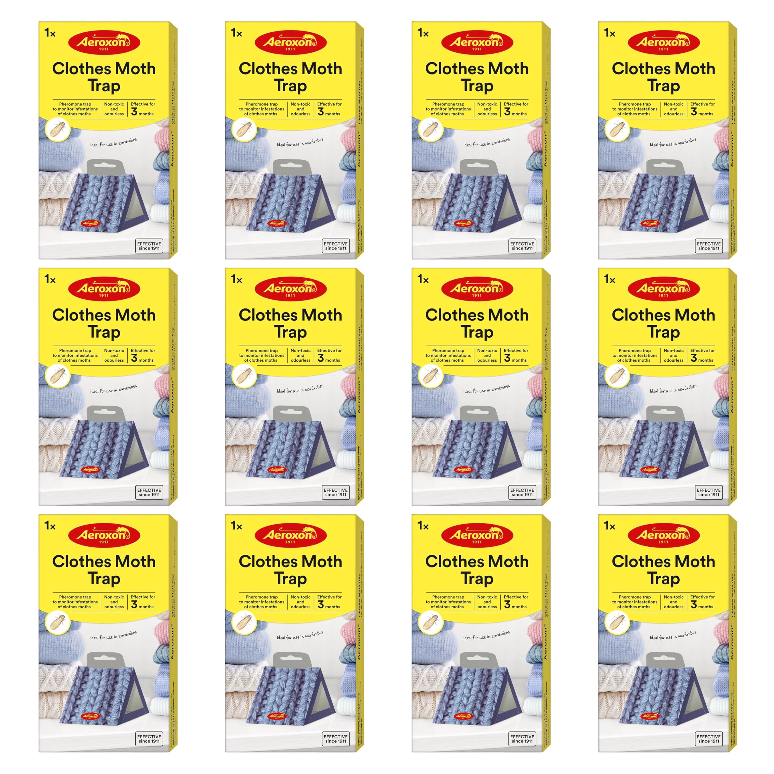 AEROXON Moth Trap Clothes Moths – Pack of 12 Clothes Moth Traps for Effective Moth Protection for Wardrobe, Clothes Moth Trap Medium Against Moths in the Home, Protects Reliable and Long Term
