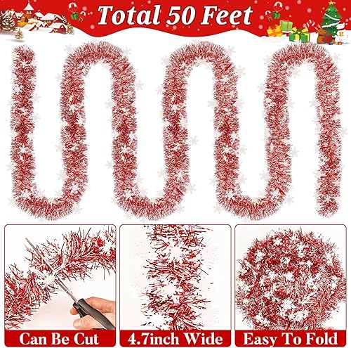 Miniatura 3 de Guirnalda de oropel de Navidad roja y copo de nieve de 50 pies con torsión metálica brillante para árbol de Navidad, decoración colgante de techo,