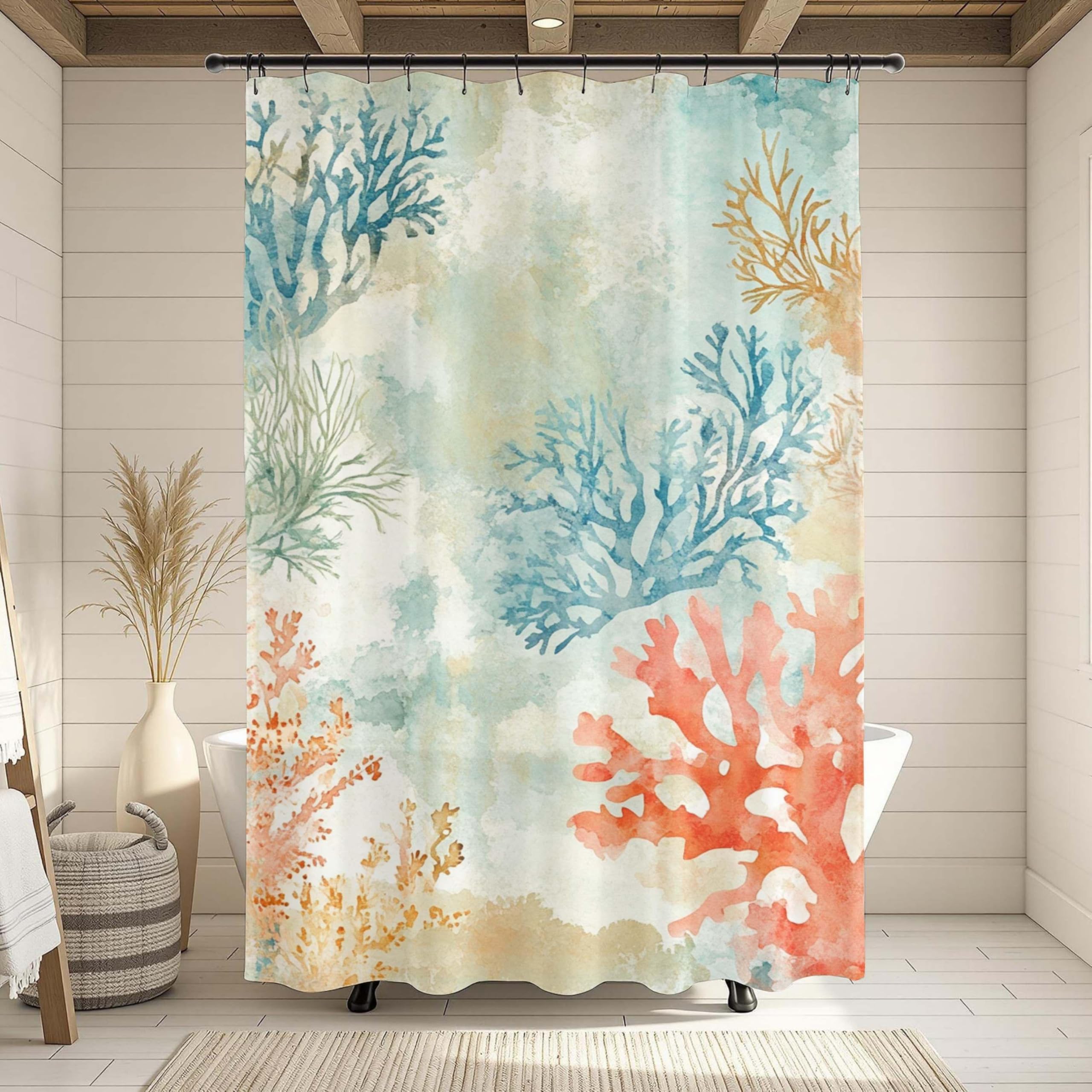 Cortina de Ducha de Coral Acuarela, decoración de baño con Algas Marinas, Estampados Abstractos en Tela de poliéster (260x200cm/102x79in(WxH)/)