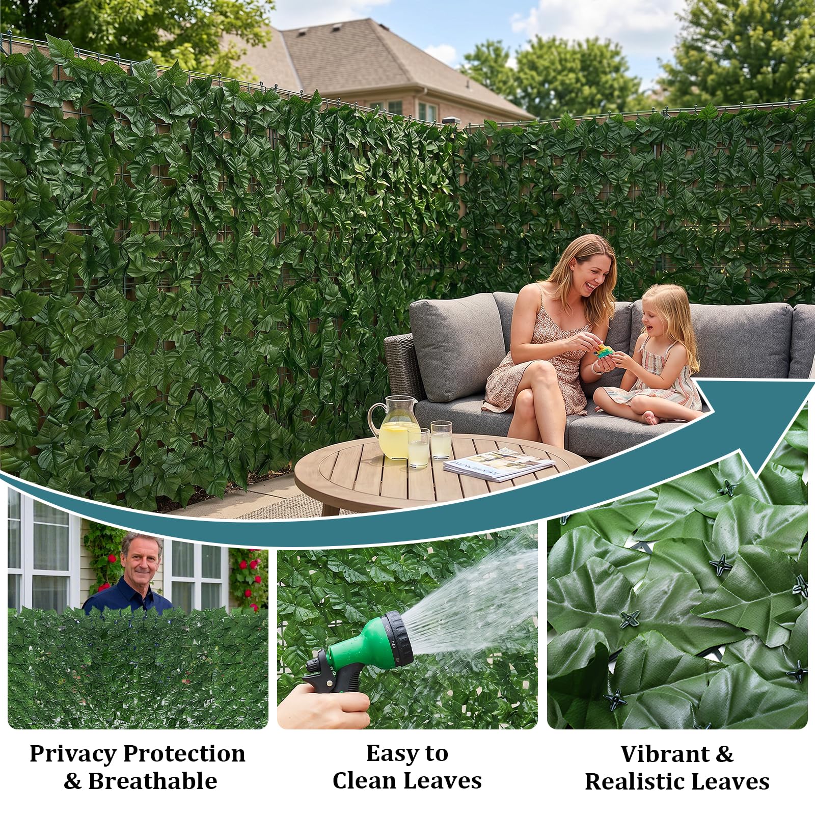 Edera artificiale in resina UV per la privacy, 2,4 x 1,8 m, verde finto per balcone, giardino, patio, cortile e decorazione da parete per interni/esterni, verde