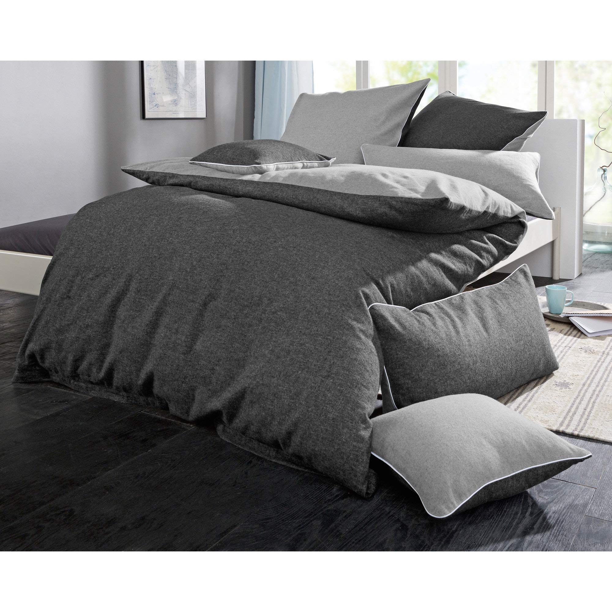 Biberna Wendebettwäsche Melange-Flanell anthrazit Größe 1x 135x200 cm + 1x 80x80 cm