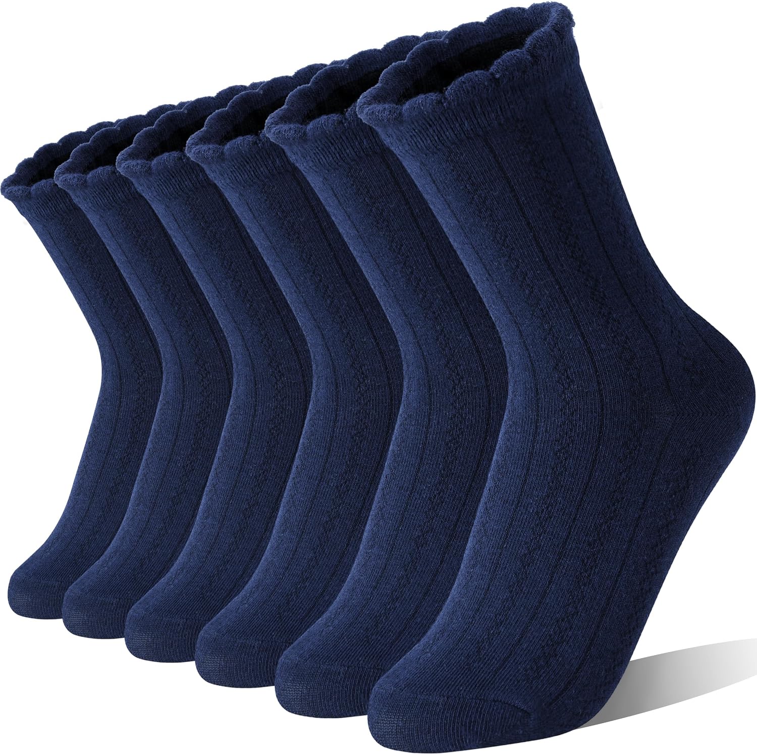 EBMORE Girls Kids Ruffle Socks Uniform School Dress Crew Cotton Textured Breathable Socks 6 Pairs