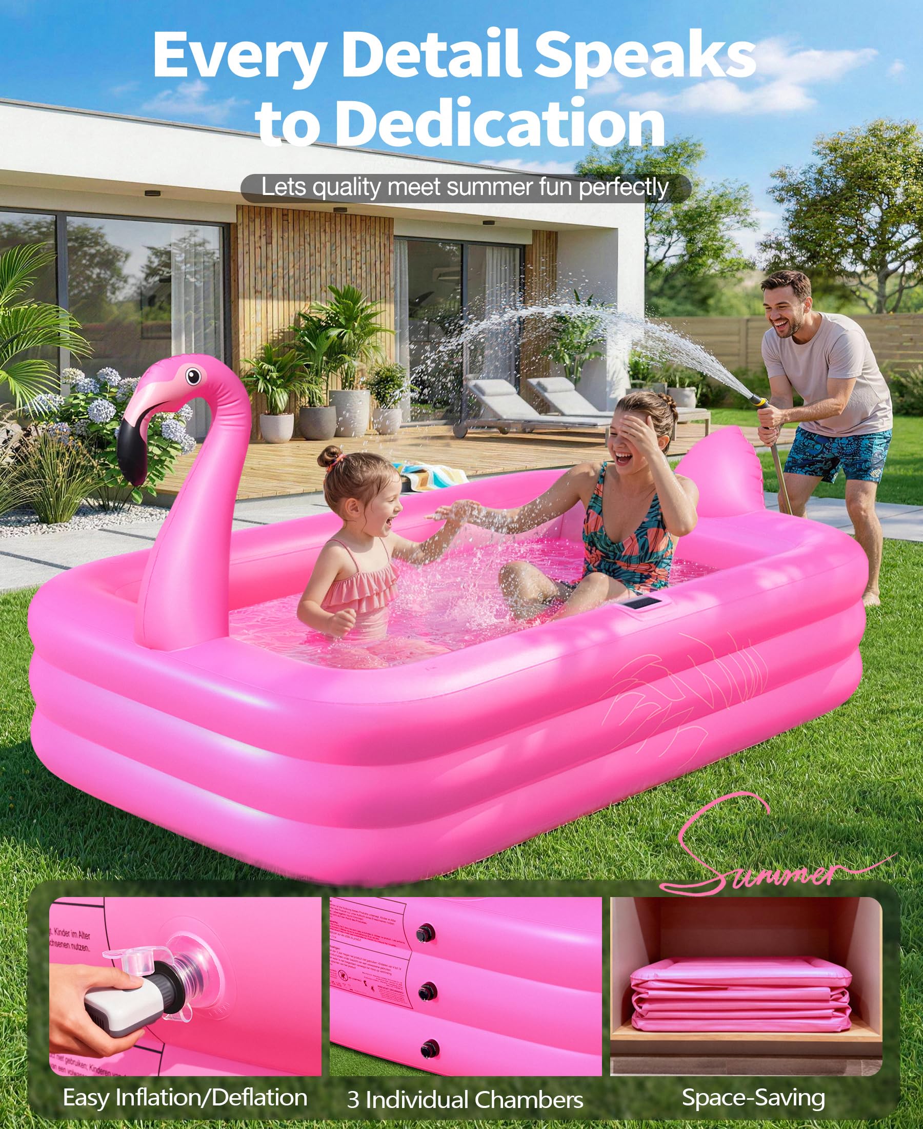 PoolLeader Piscina Hinchable Adultos, Flamenco Piscina Hinchable Rectangular con Luces Solar, Adopta un Material de PVC Grueso & Duradero, 254x160x50cm Piscinas Inflable Familiar Grande para Jardin