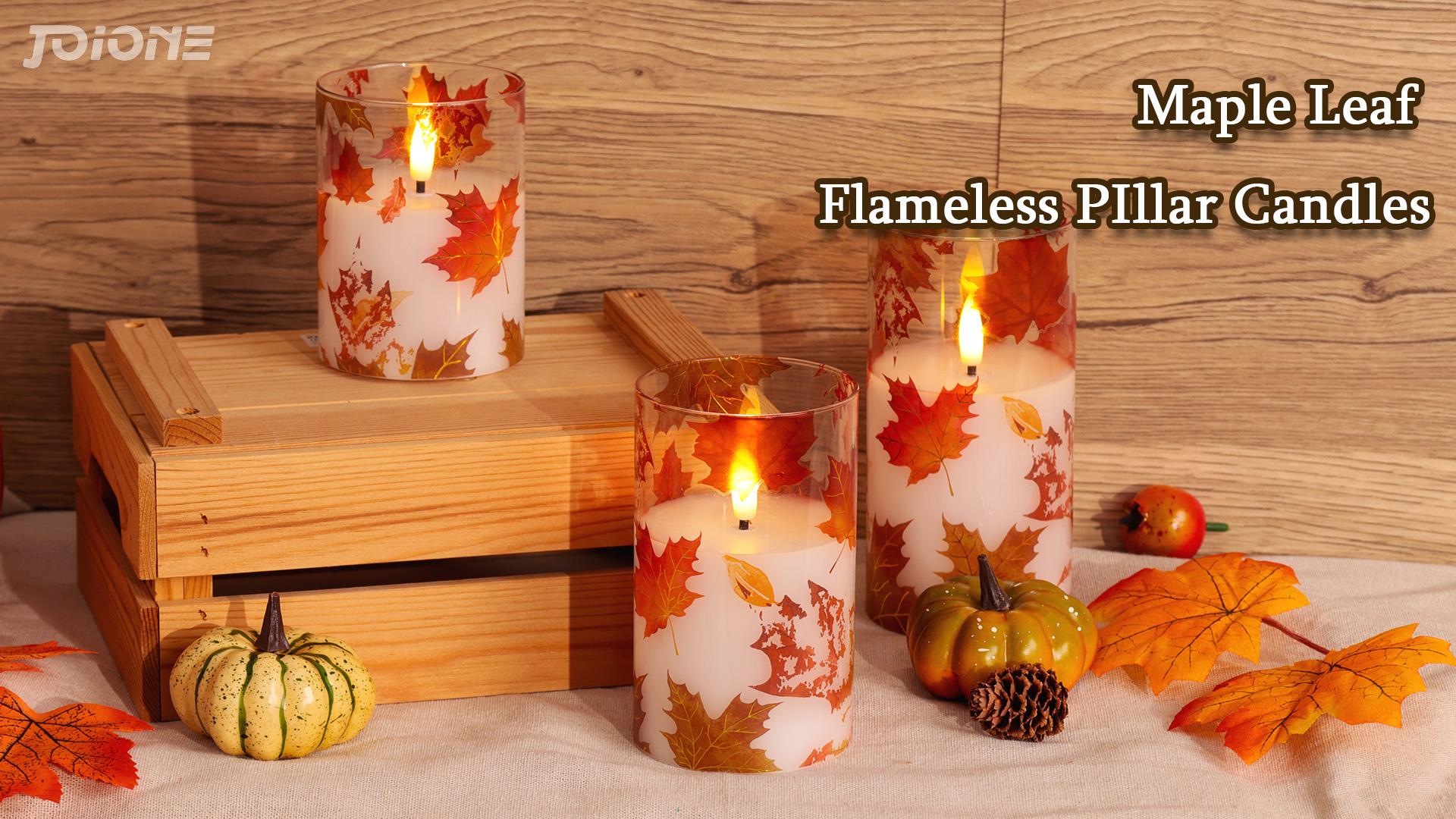 Image of JOIONE Fall Flameless Glass Candles, 3 Pack Maple Leaf LED with Remote